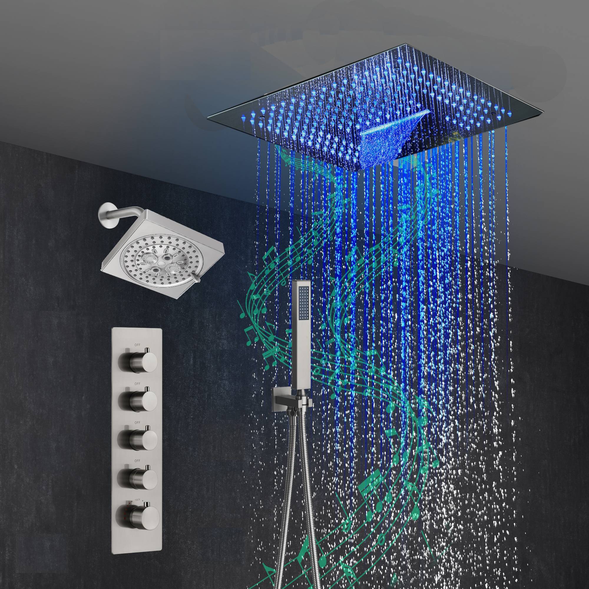 16-Inch Brushed Gold or brushed nickel or matte black Flush Mount rainfall waterfall Shower Faucet Set: 4-Way Thermostatic Control, 64-Color LED Lights, Bluetooth Music, and Regular Head - Image 17