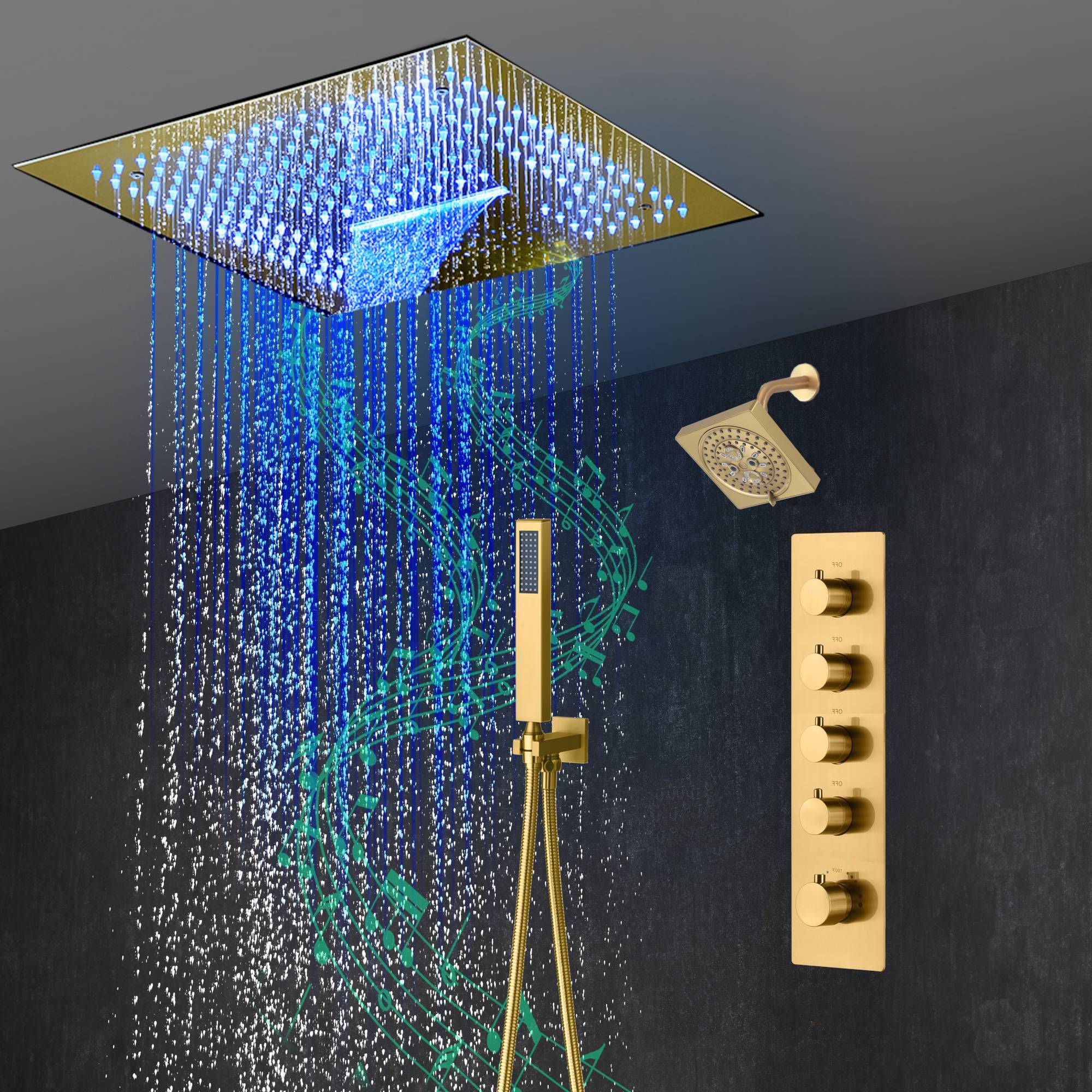 16-Inch Brushed Gold or brushed nickel or matte black Flush Mount rainfall waterfall Shower Faucet Set: 4-Way Thermostatic Control, 64-Color LED Lights, Bluetooth Music, and Regular Head - Image 2
