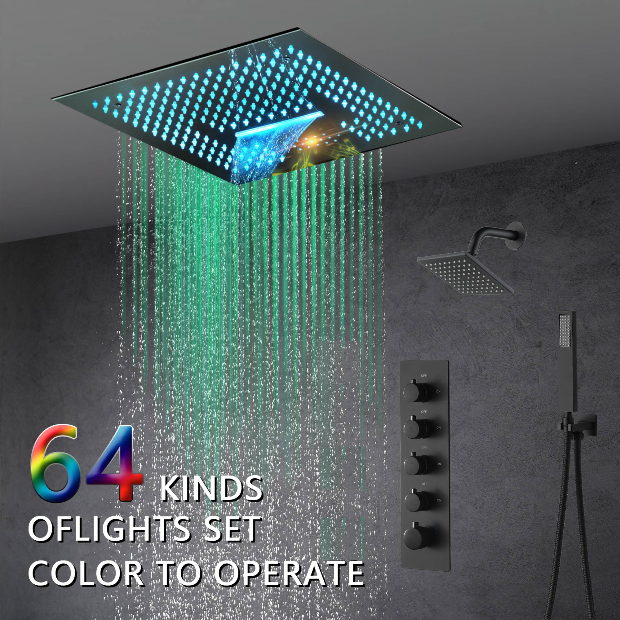 16-Inch Brushed Gold or brushed nickel or matte black Flush Mount rainfall waterfall Shower Faucet Set: 4-Way Thermostatic Control, 64-Color LED Lights, Bluetooth Music, and Regular Head - Image 20