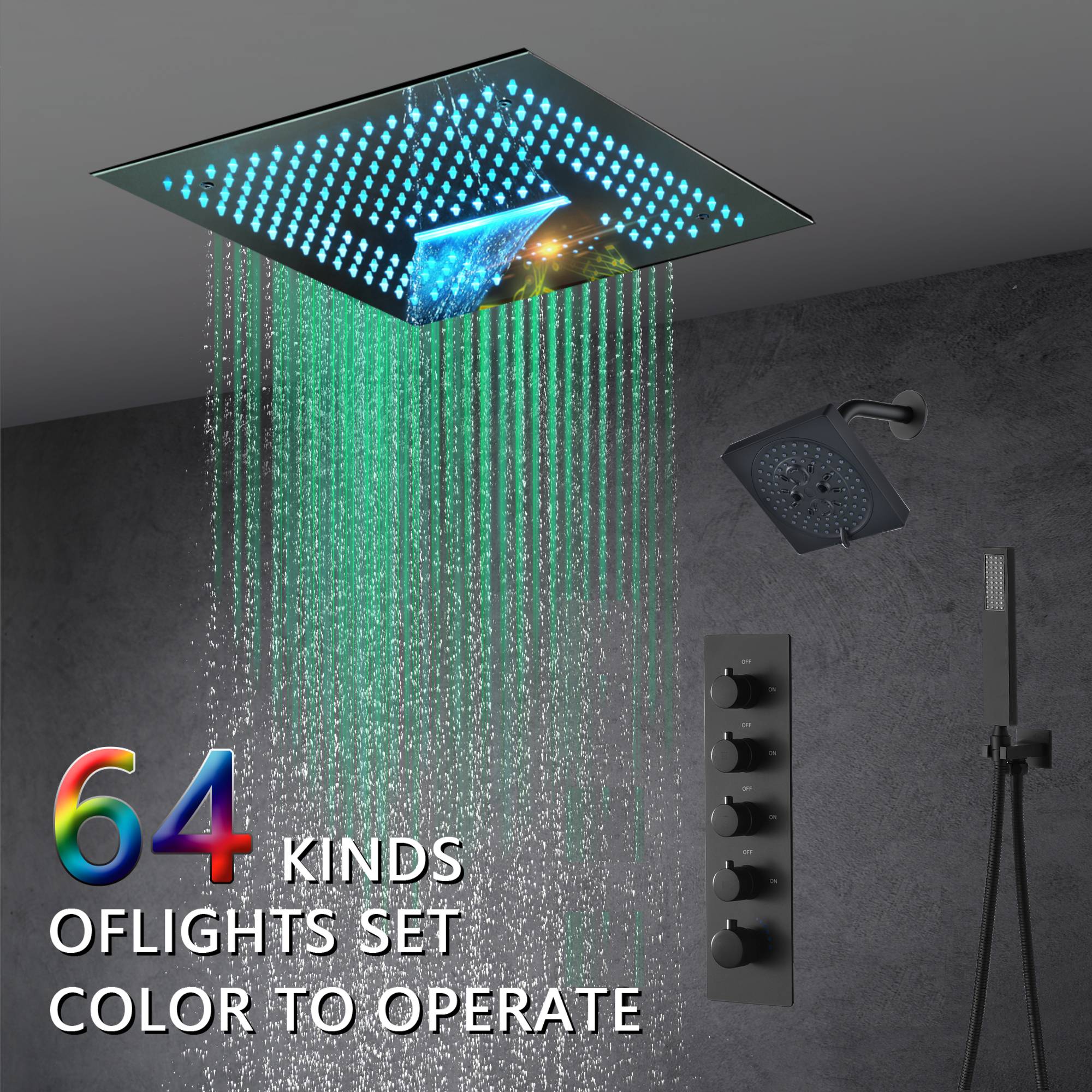 16-Inch Brushed Gold or brushed nickel or matte black Flush Mount rainfall waterfall Shower Faucet Set: 4-Way Thermostatic Control, 64-Color LED Lights, Bluetooth Music, and Regular Head - Image 21