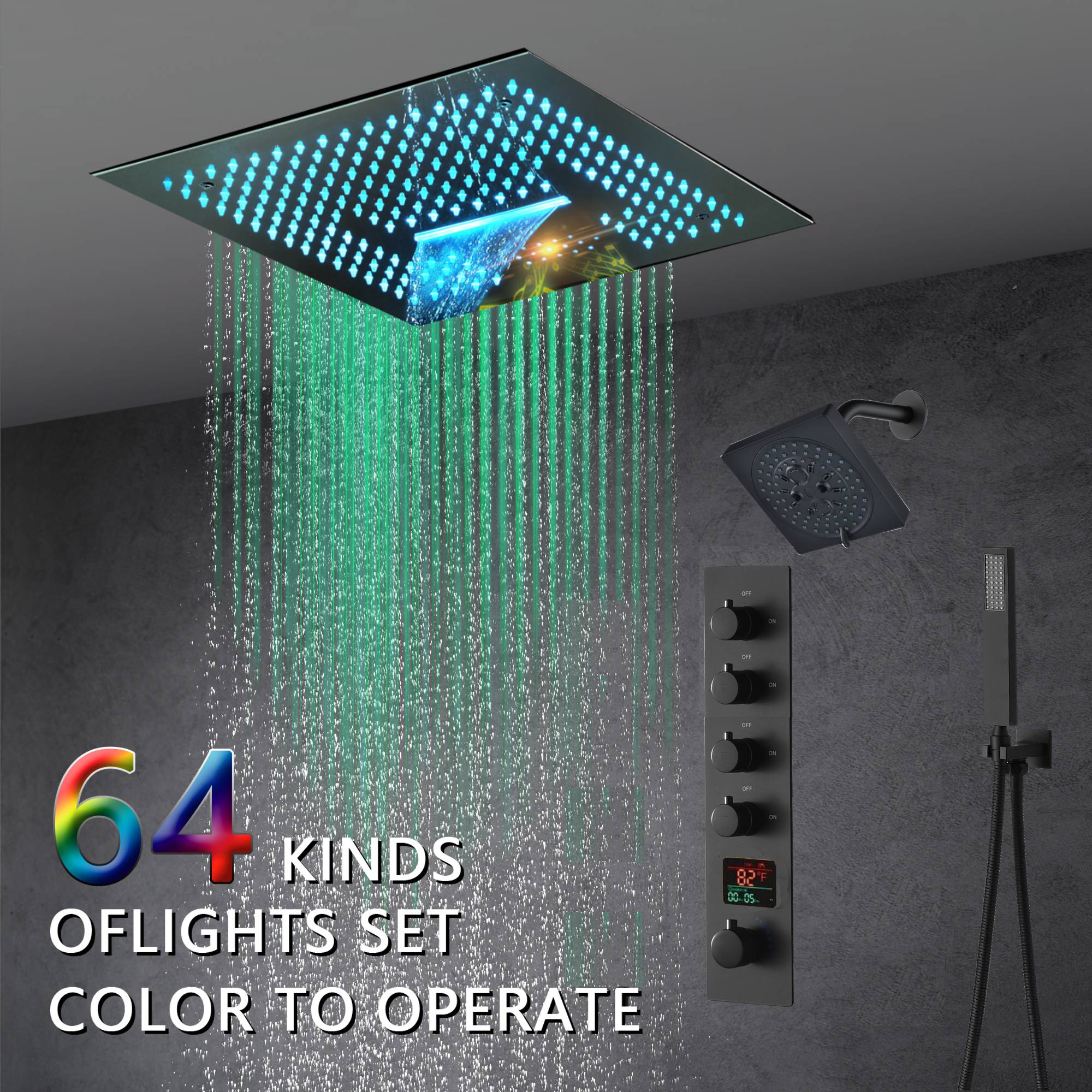 16-Inch Brushed Gold or brushed nickel or matte black Flush Mount rainfall waterfall Shower Faucet Set: 4-Way Thermostatic Control, 64-Color LED Lights, Bluetooth Music, and Regular Head - Image 22