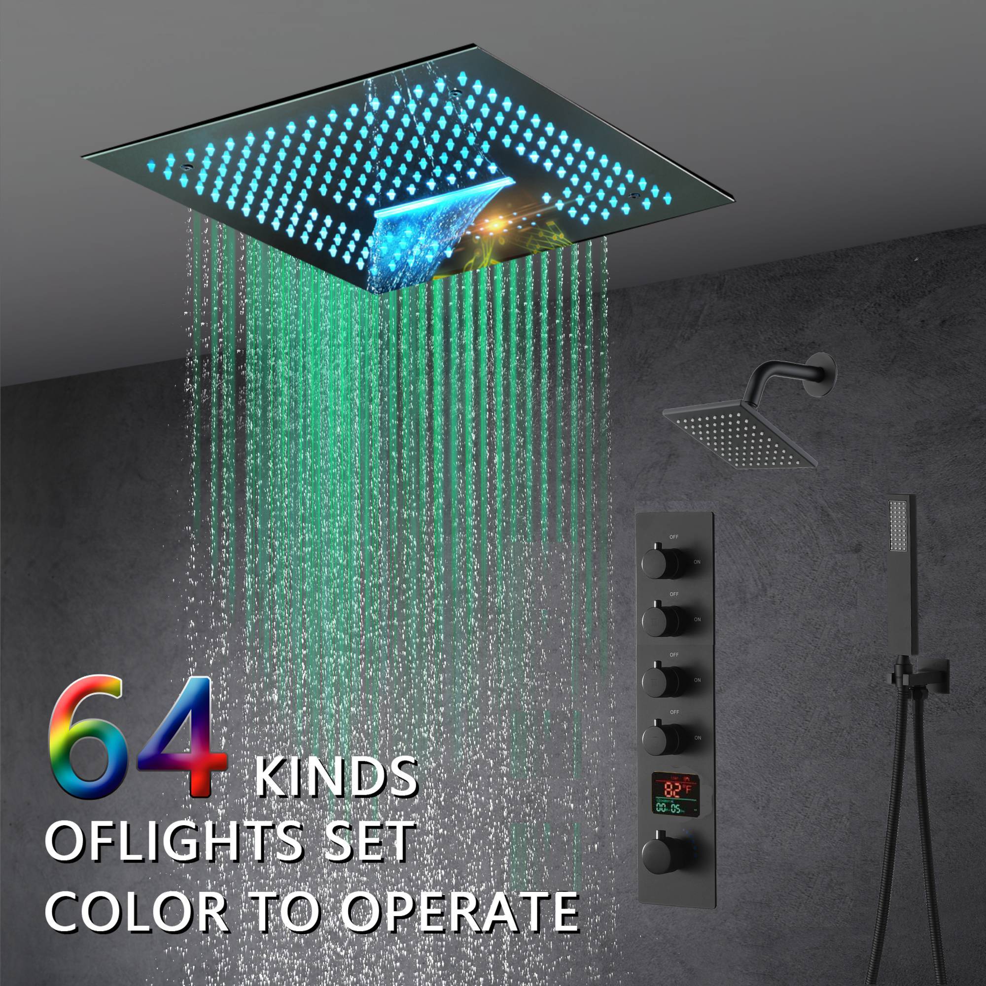 16-Inch Brushed Gold or brushed nickel or matte black Flush Mount rainfall waterfall Shower Faucet Set: 4-Way Thermostatic Control, 64-Color LED Lights, Bluetooth Music, and Regular Head - Image 23