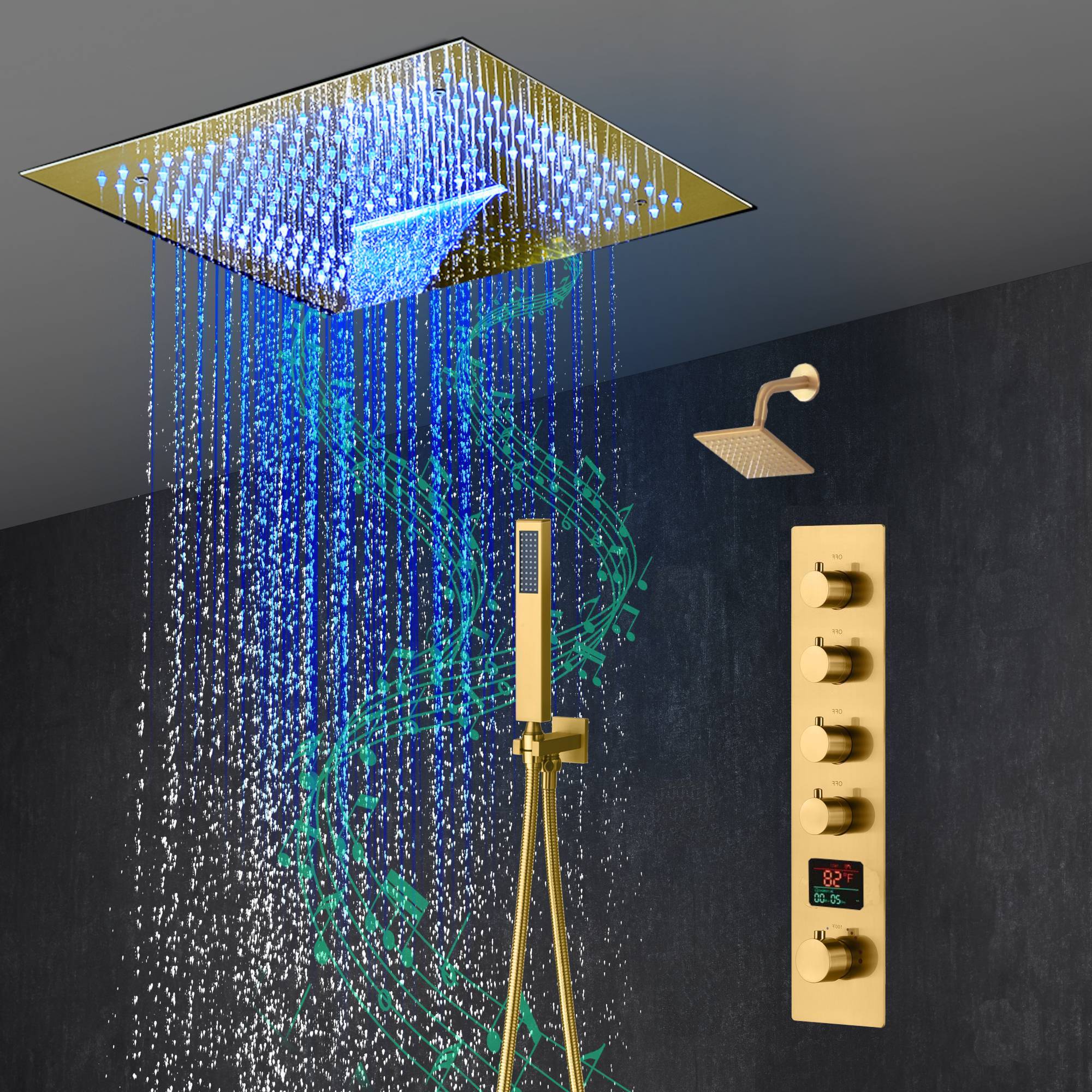 16-Inch Brushed Gold or brushed nickel or matte black Flush Mount rainfall waterfall Shower Faucet Set: 4-Way Thermostatic Control, 64-Color LED Lights, Bluetooth Music, and Regular Head - Image 3