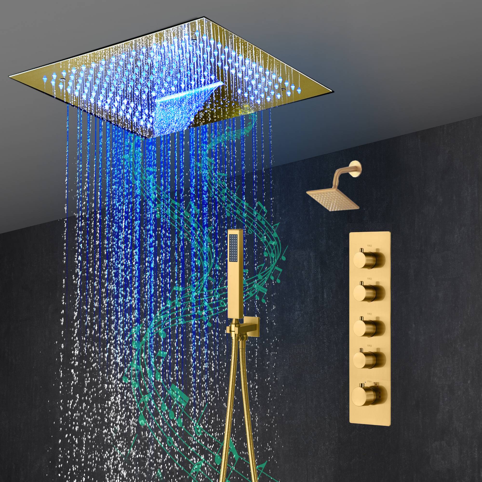 16-Inch Brushed Gold or brushed nickel or matte black Flush Mount rainfall waterfall Shower Faucet Set: 4-Way Thermostatic Control, 64-Color LED Lights, Bluetooth Music, and Regular Head - Image 4