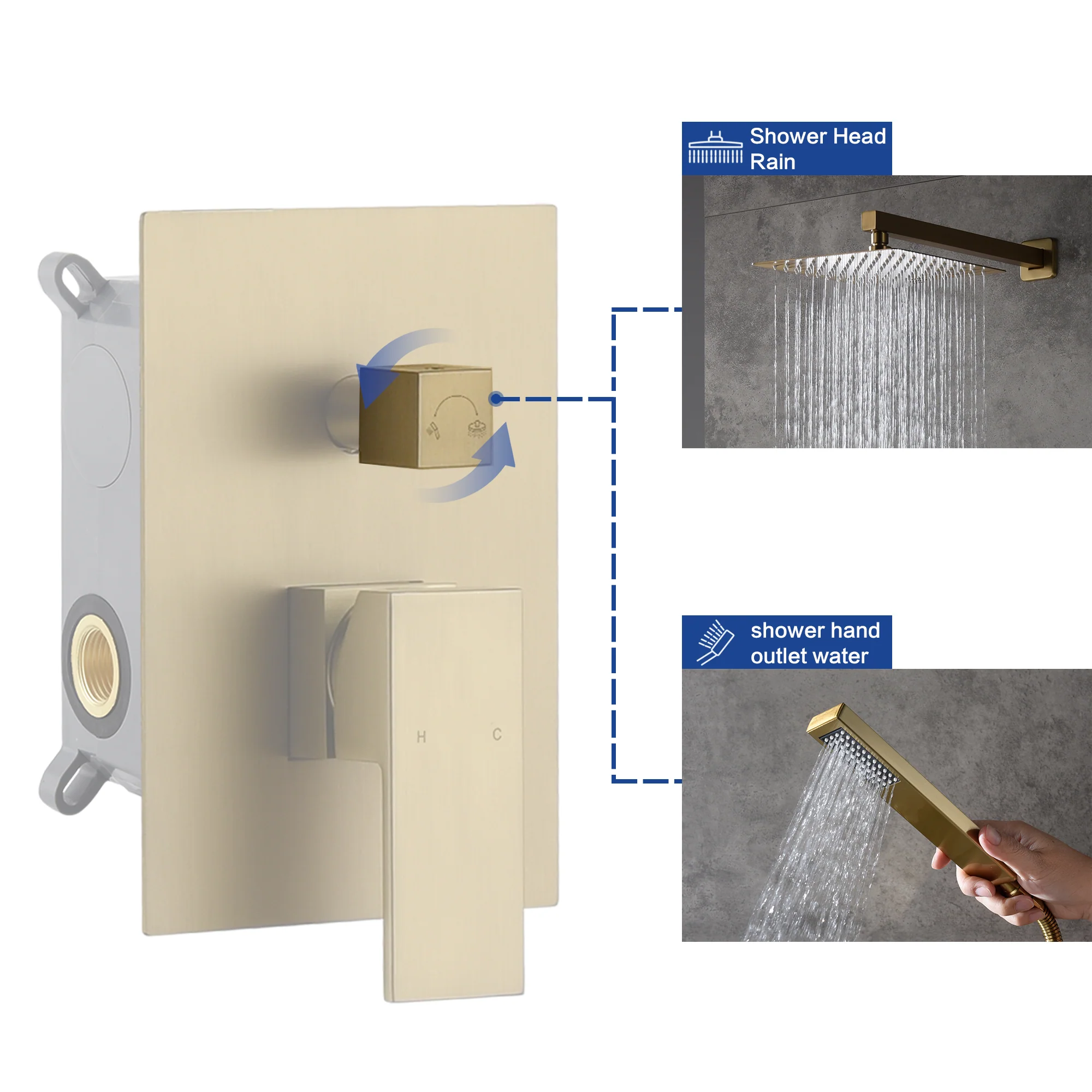 Brushed Gold Wall Mount 2-Way Pressure Balance Shower System with Rough-In Valve - Image 16