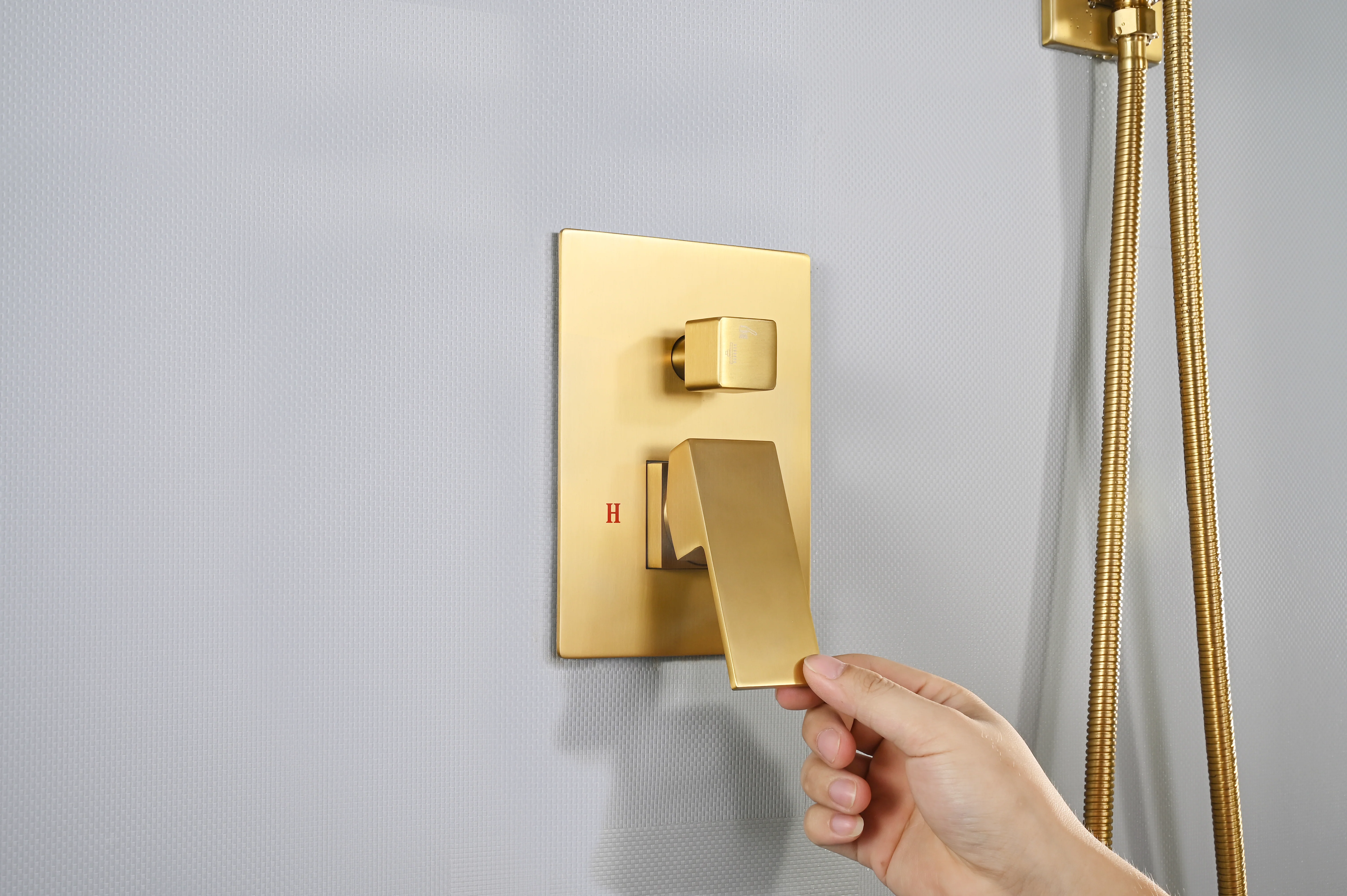 Brushed Gold Wall Mount 2-Way Pressure Balance Shower System with Rough-In Valve - Image 20