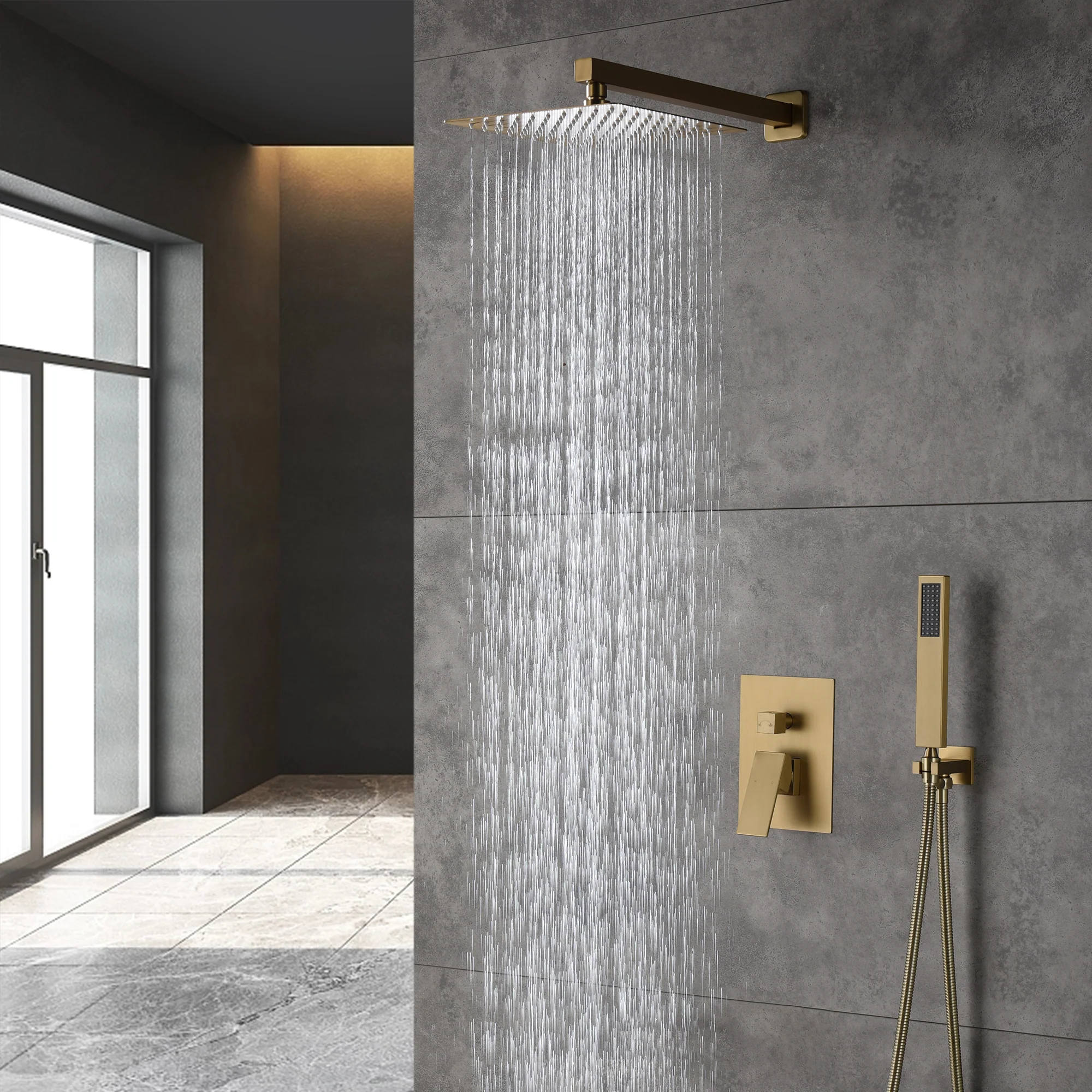 Brushed Gold Wall Mount 2-Way Pressure Balance Shower System with Rough-In Valve - Image 3