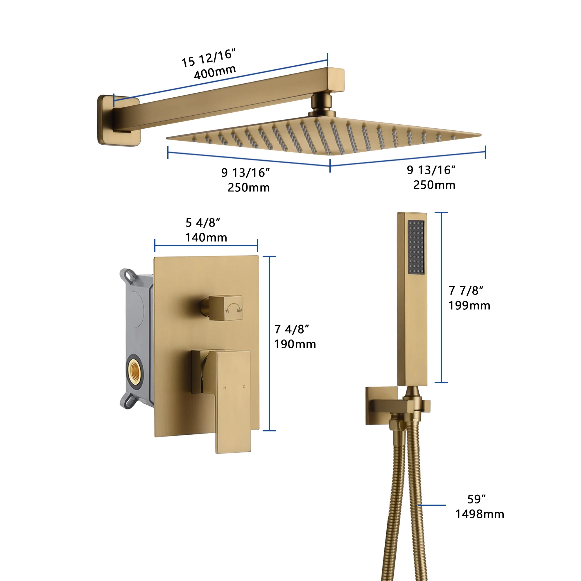 Brushed Gold Wall Mount 2-Way Pressure Balance Shower System with Rough-In Valve - Image 6