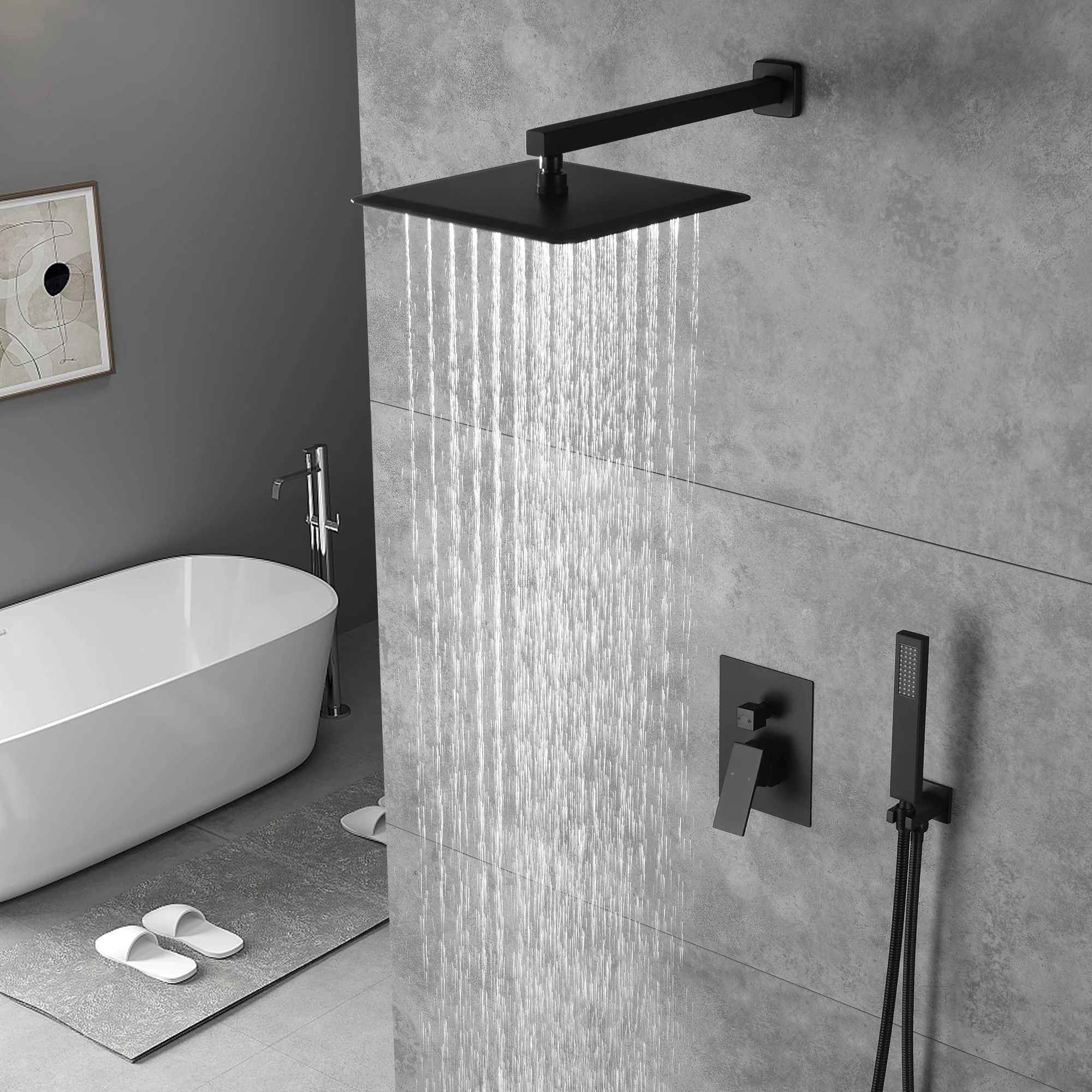 Matte Black Wall Mounted Rainfall Shower Faucet Dual Function with Pressure Balance Rough-In Valve - Image 3