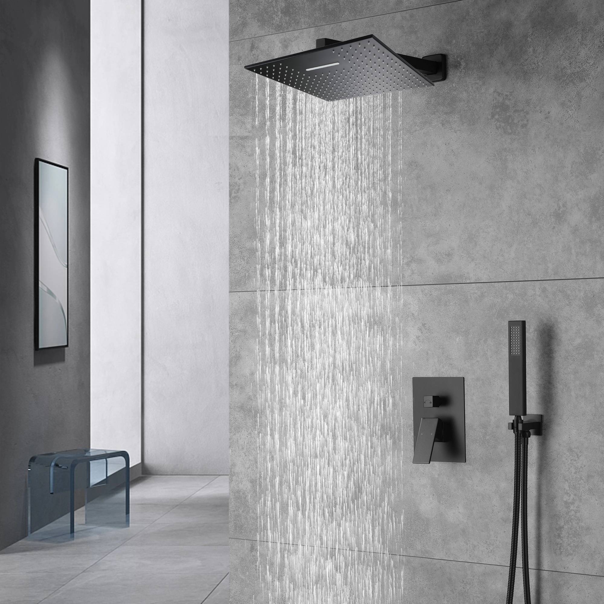 Matte Black Wall Mounted Rainfall Shower Faucet Dual Function with Pressure Balance Rough-In Valve - Image 4