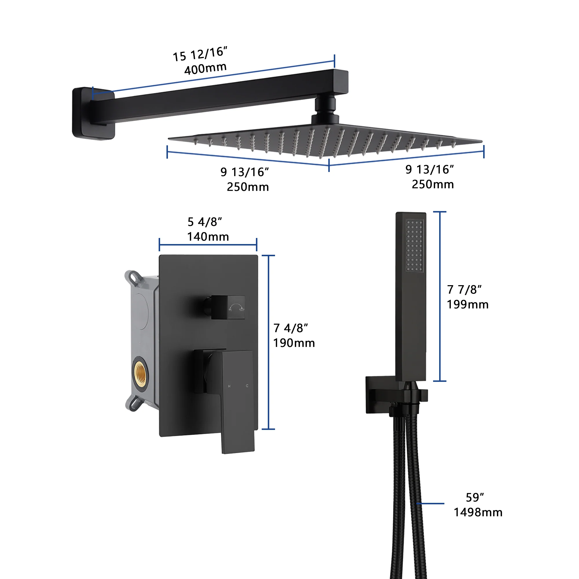 Matte Black Wall Mounted Rainfall Shower Faucet Dual Function with Pressure Balance Rough-In Valve - Image 6