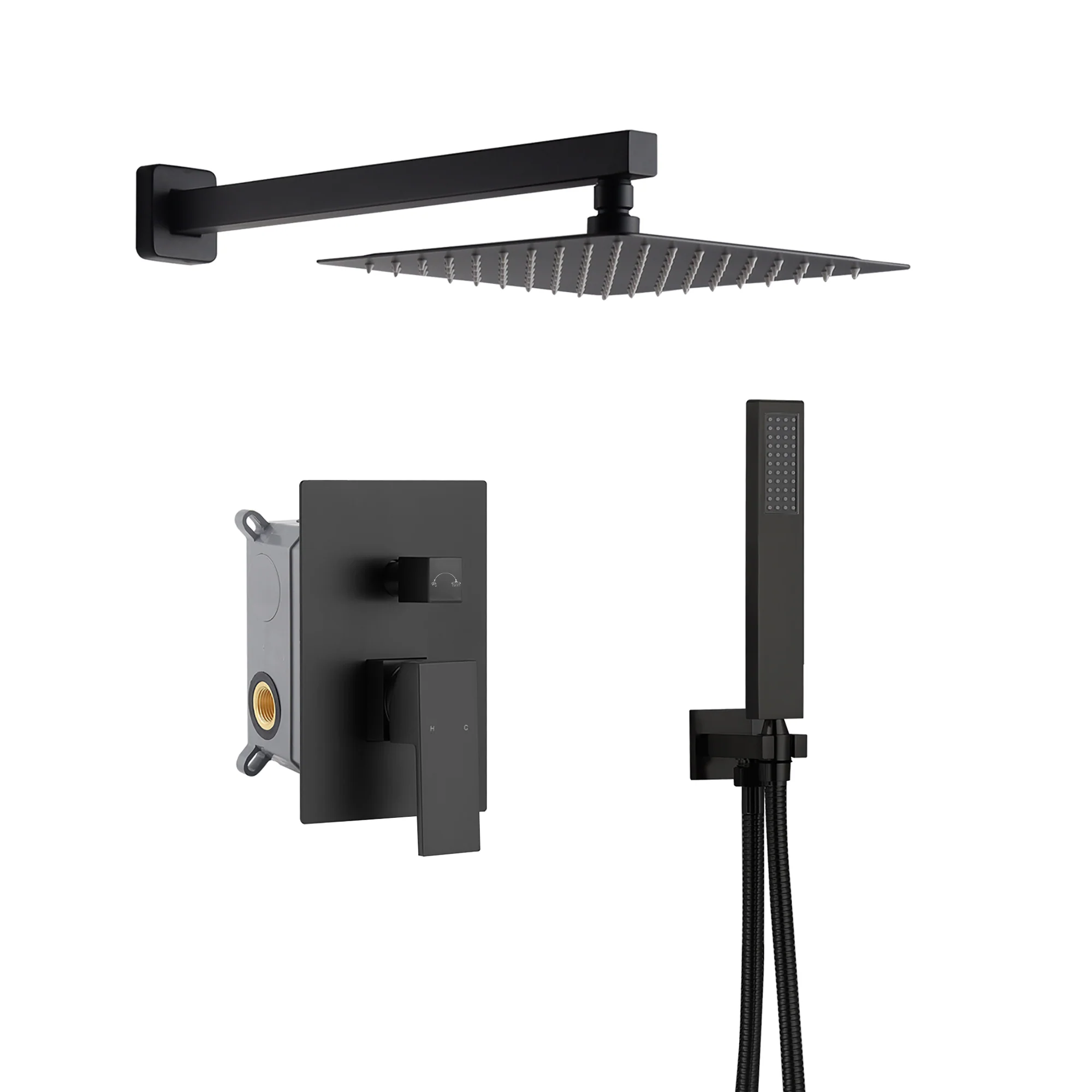 Matte Black Wall Mounted Rainfall Shower Faucet Dual Function with Pressure Balance Rough-In Valve - Image 7