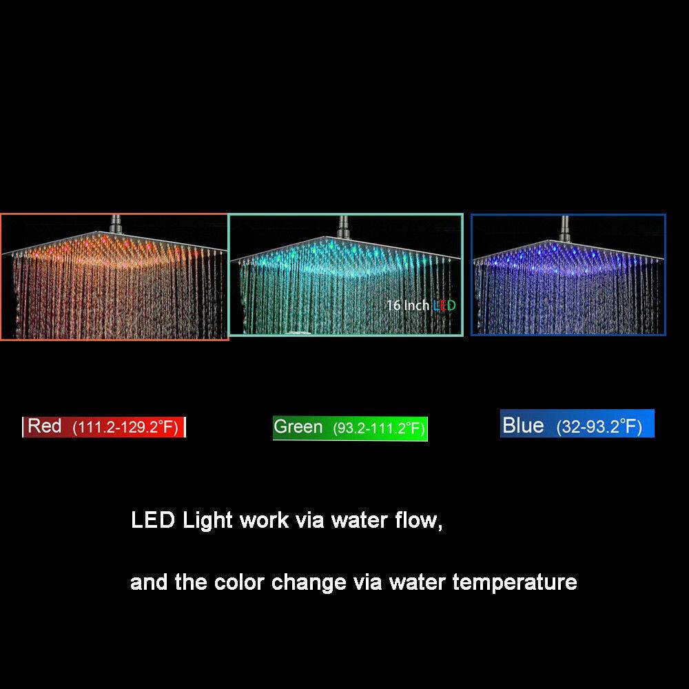 12-inch or 16-inch Rainfall 3 LED Colors Chrome Ceiling Mount 3-Way Thermostatic Shower System - Image 4