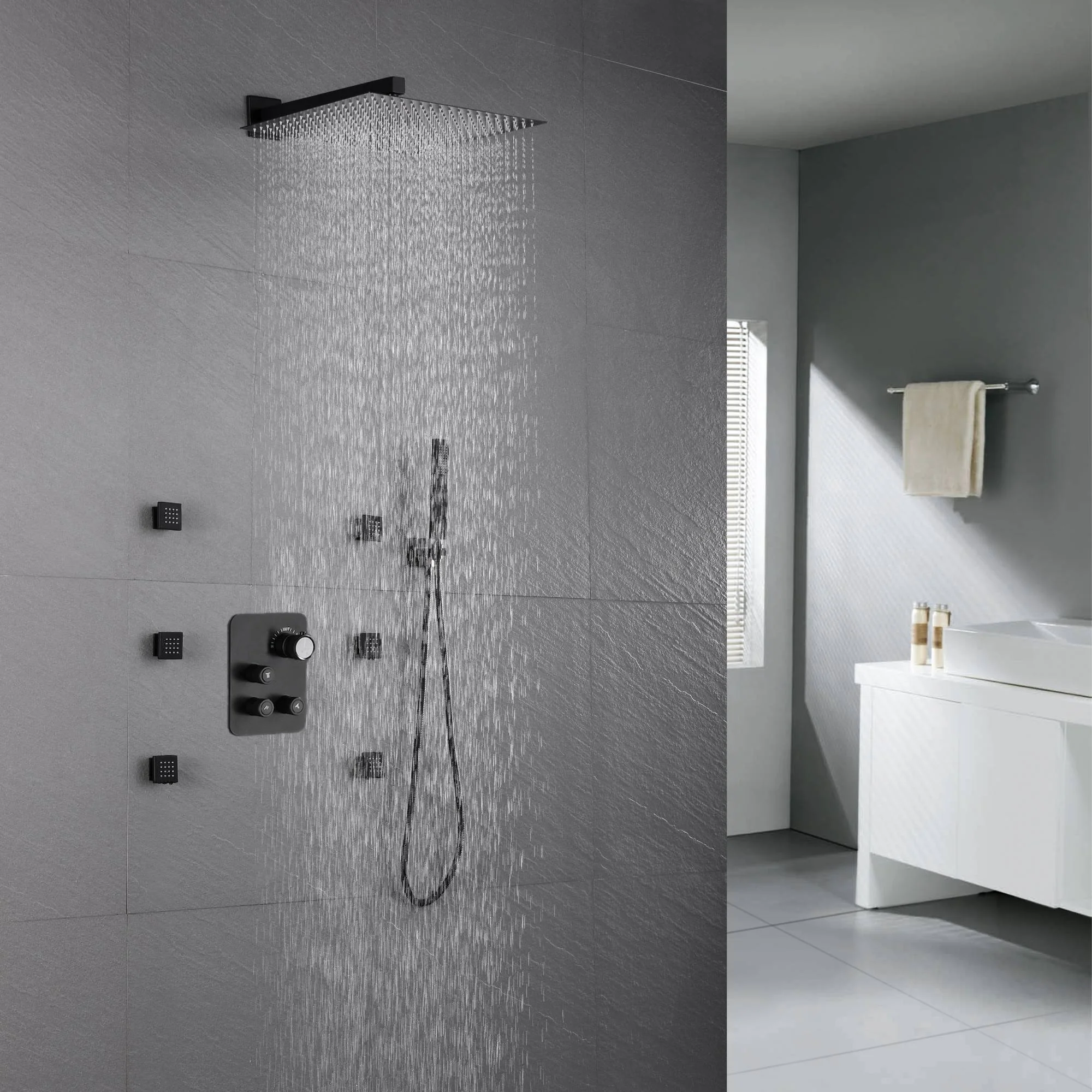 3-Way Matte Black Wall-Mounted Thermostatic Shower System with 12'' or 16'' Rain Head or 6 inch regular headOptional LED Light - Image 8