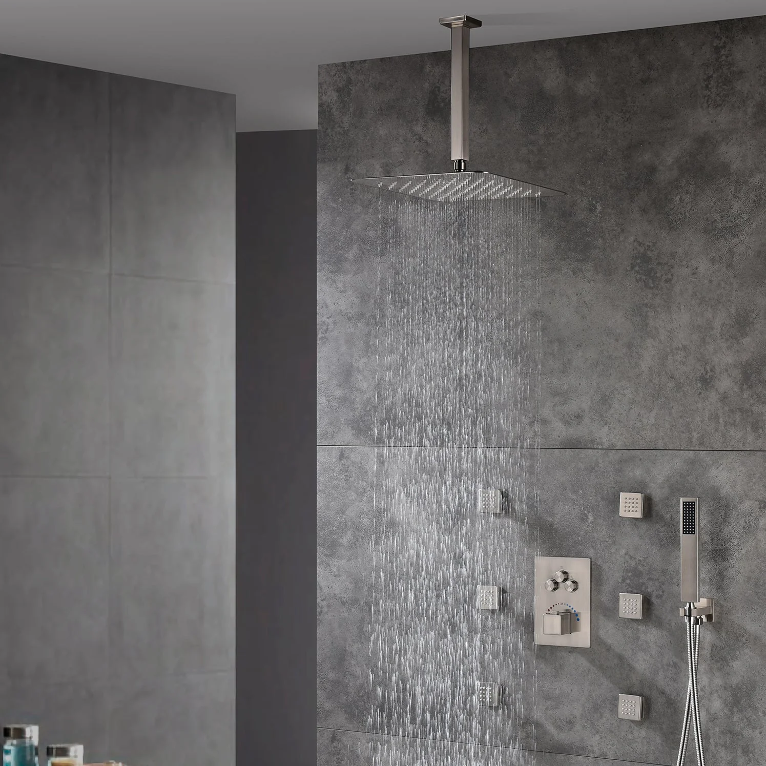 3-Way Brushed Nickel Ceiling-Mounted Thermostatic Shower System with 12'' or 16'' Rain Head, Optional LED Light - Image 3