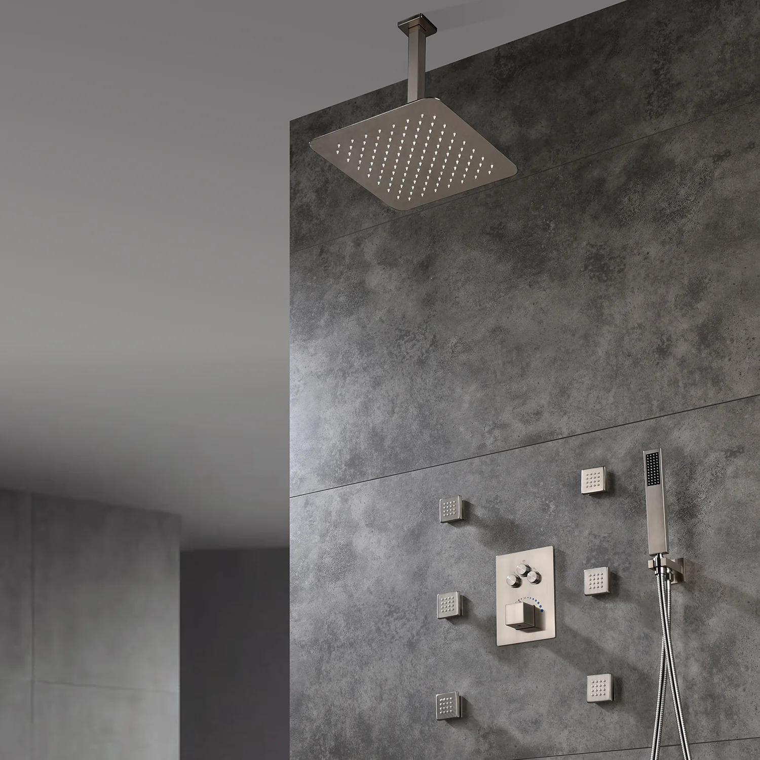 3-Way Brushed Nickel Ceiling-Mounted Thermostatic Shower System with 12'' or 16'' Rain Head, Optional LED Light - Image 4