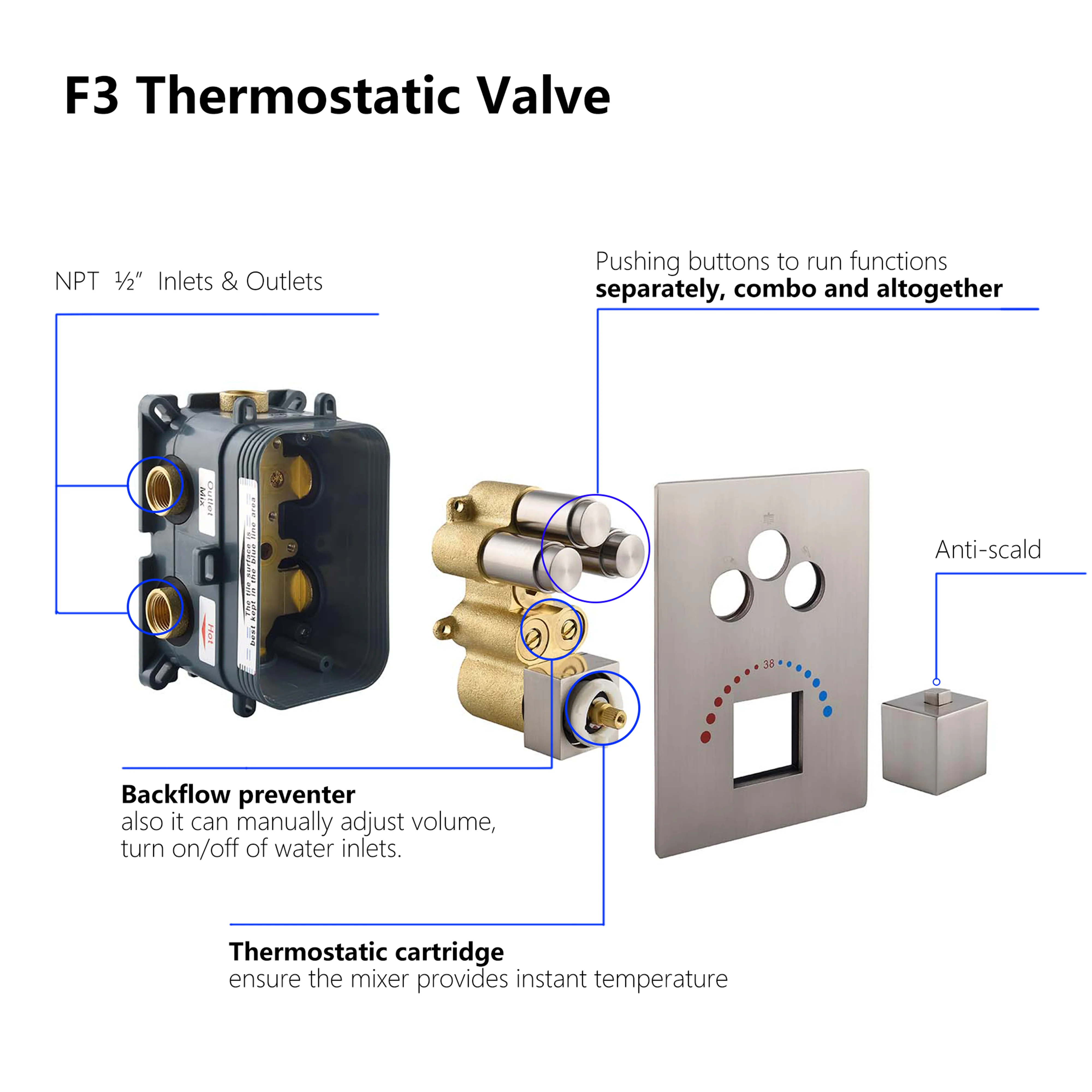 3-Way Brushed Nickel Ceiling-Mounted Thermostatic Shower System with 12'' or 16'' Rain Head, Optional LED Light - Image 8