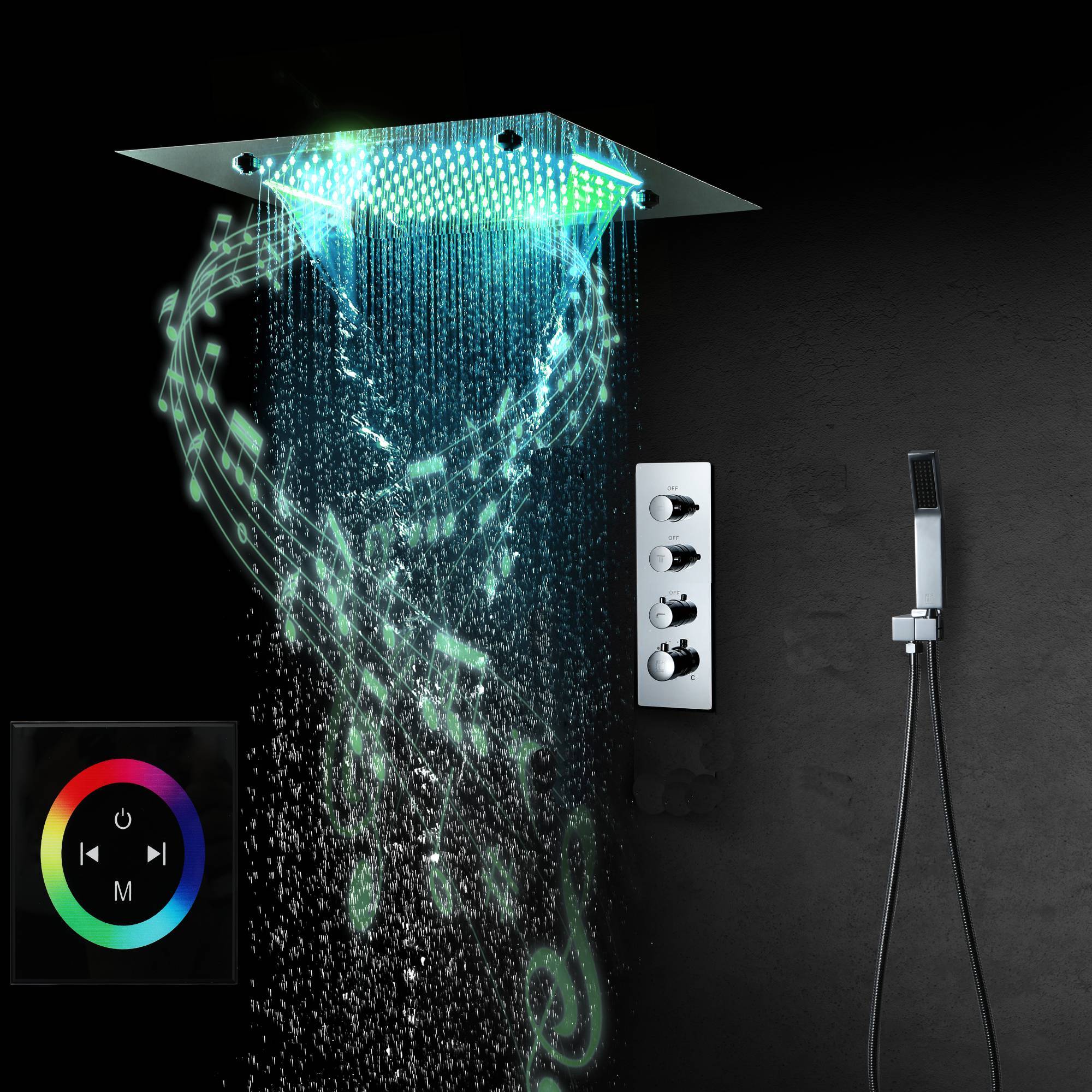 Bluetooth Music 64 LED colors 20inch chrome flushed on rainfall waterfall mist shower systems 3 or 4 way thermostatic valve with touch panel - Image 2