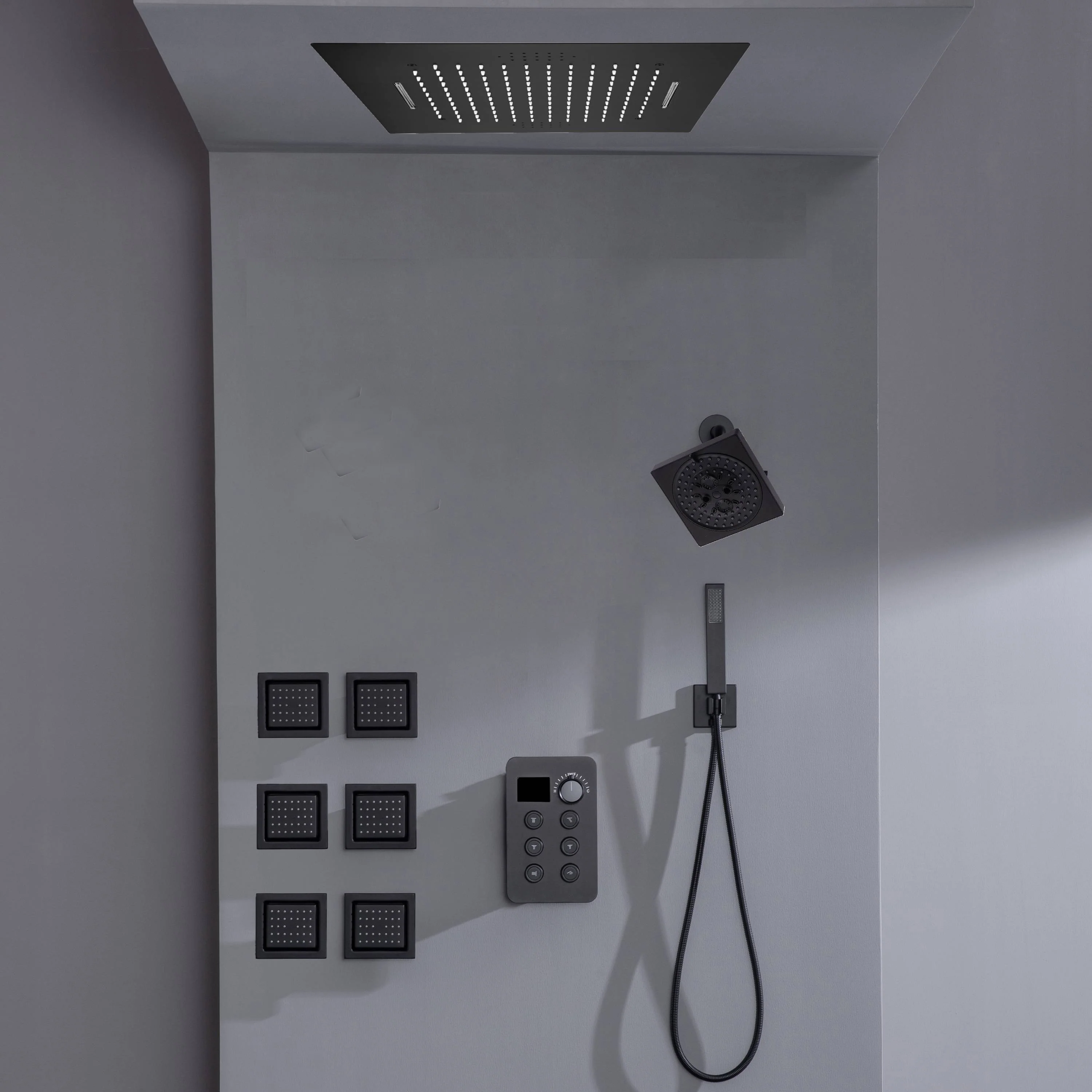 Bluetooth Music LED 6-Way Digital Thermostatic Shower  System with Waterfall,6 Body Jets, Regular Head - Image 10
