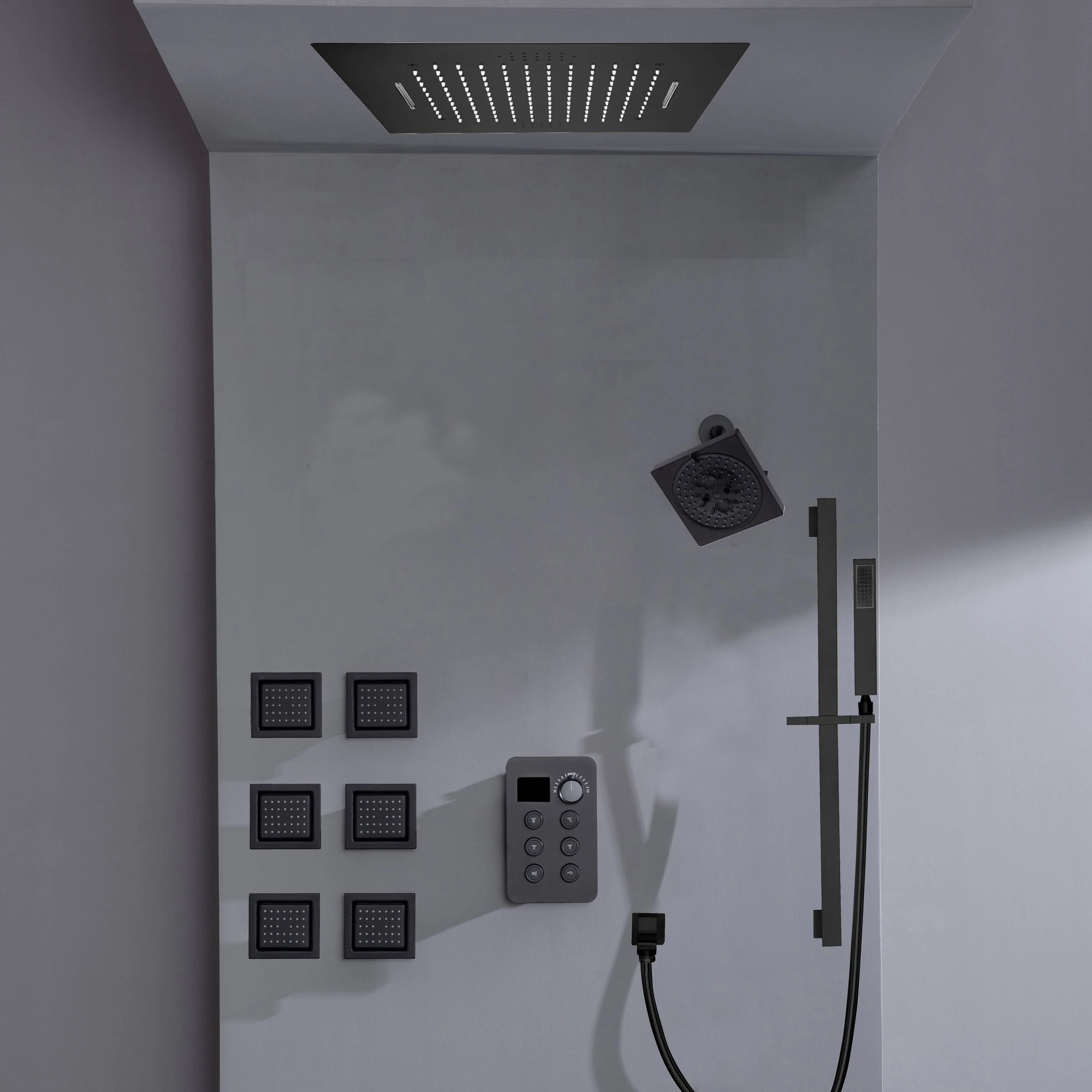 Bluetooth Music LED 6-Way Digital Thermostatic Shower  System with Waterfall,6 Body Jets, Regular Head - Image 12