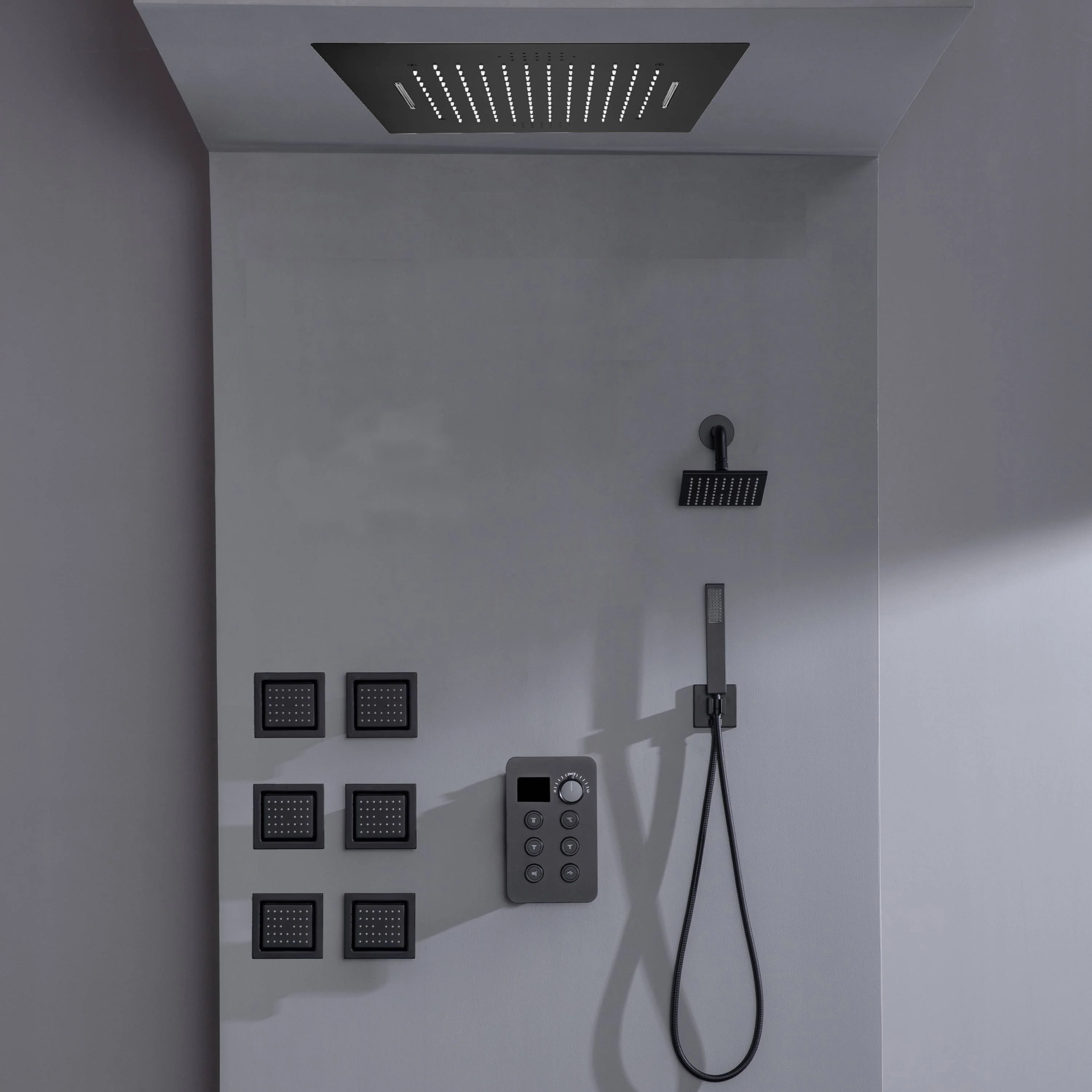 Bluetooth Music LED 6-Way Digital Thermostatic Shower  System with Waterfall,6 Body Jets, Regular Head - Image 9
