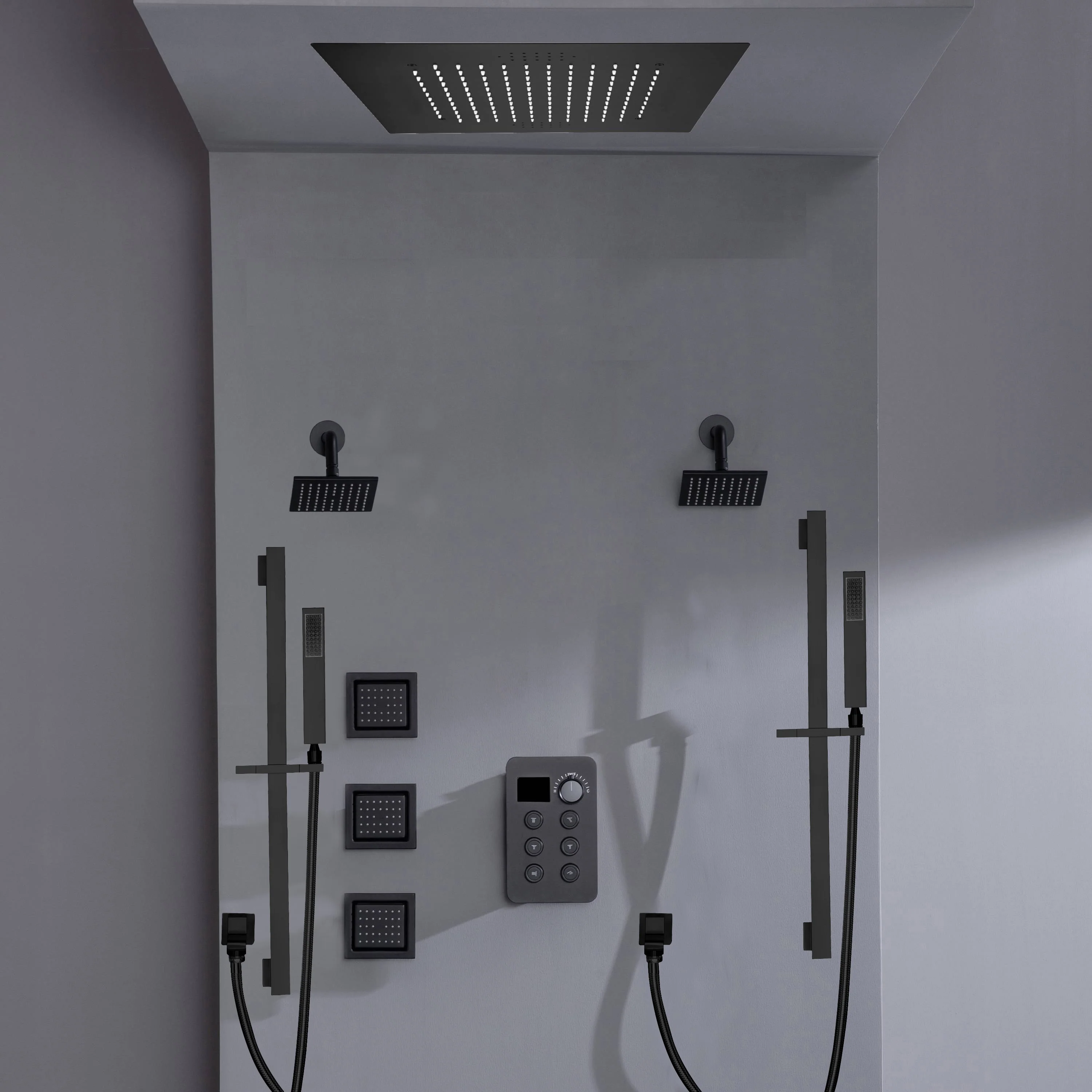 Bluetooth Music LED 6-Way Digital Thermostatic Shower  System with Rainfall,3 Body Jets, Dual Regular Head - Image 11