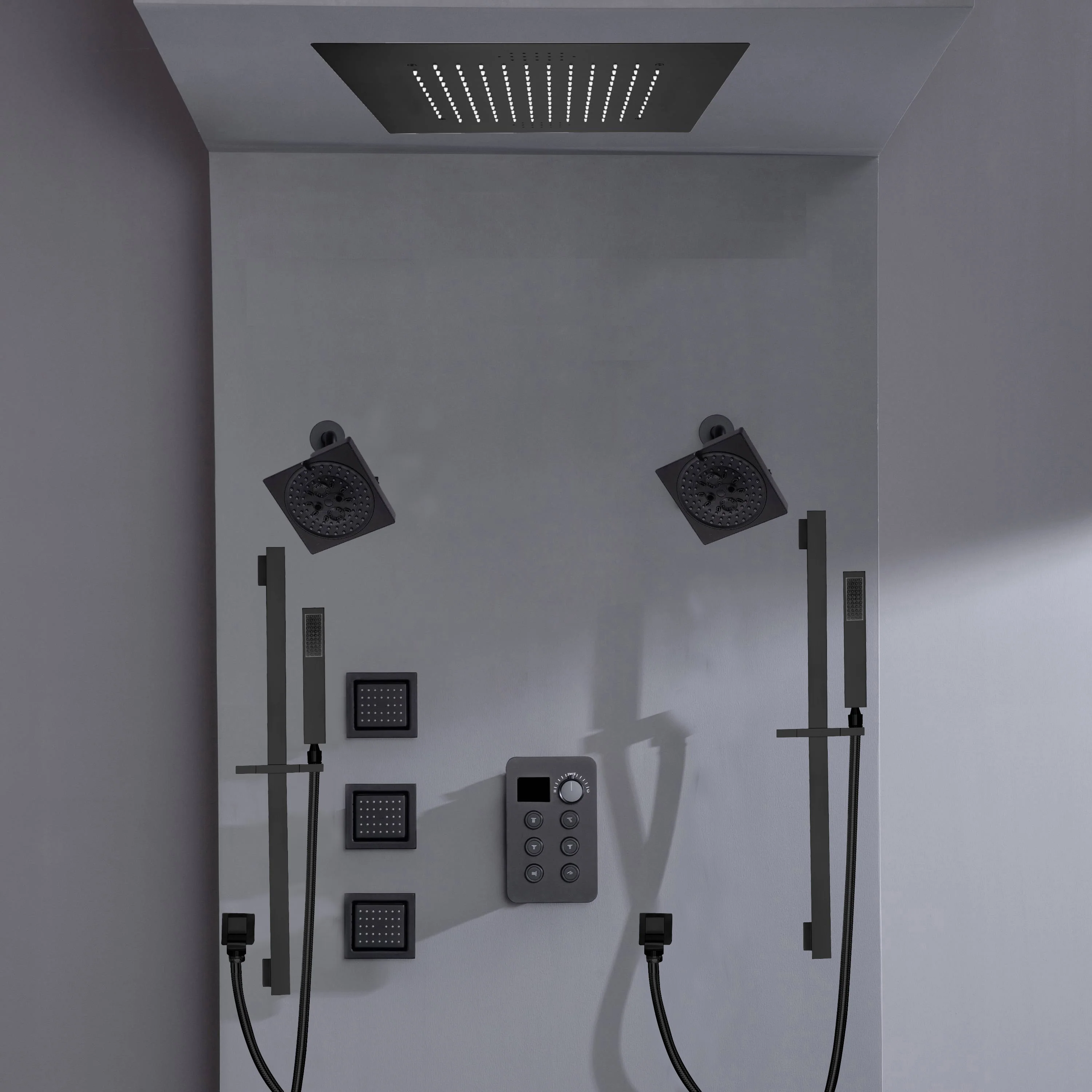 Bluetooth Music LED 6-Way Digital Thermostatic Shower  System with Rainfall,3 Body Jets, Dual Regular Head - Image 12