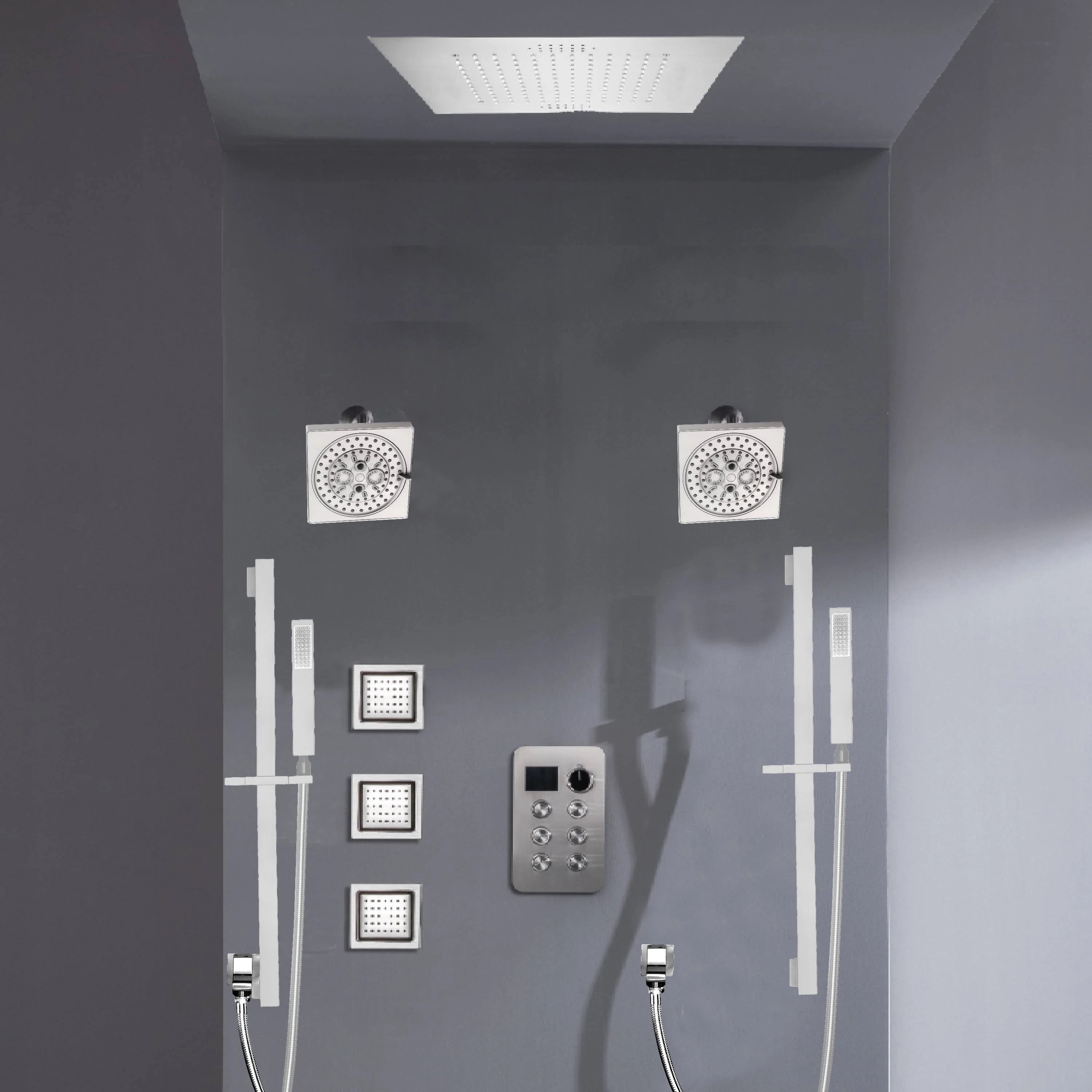 Bluetooth Music LED 6-Way Digital Thermostatic Shower  System with Rainfall,3 Body Jets, Dual Regular Head - Image 8