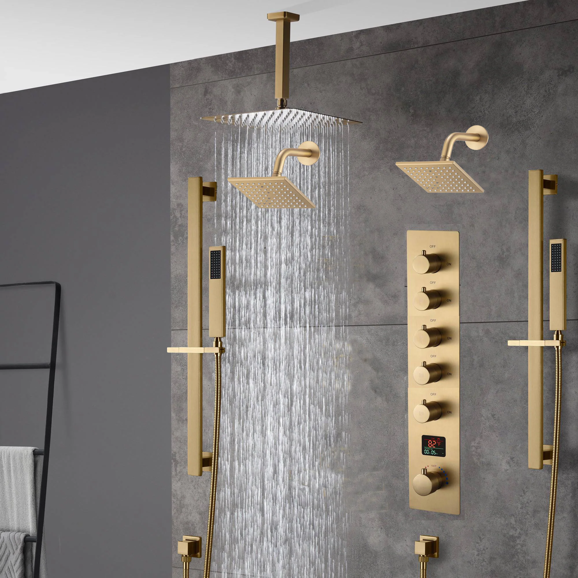 Brushed gold  12 inch or 16 inch rain head 5 way digital display thermostatic shower faucet with Dual Regular heads - Image 2