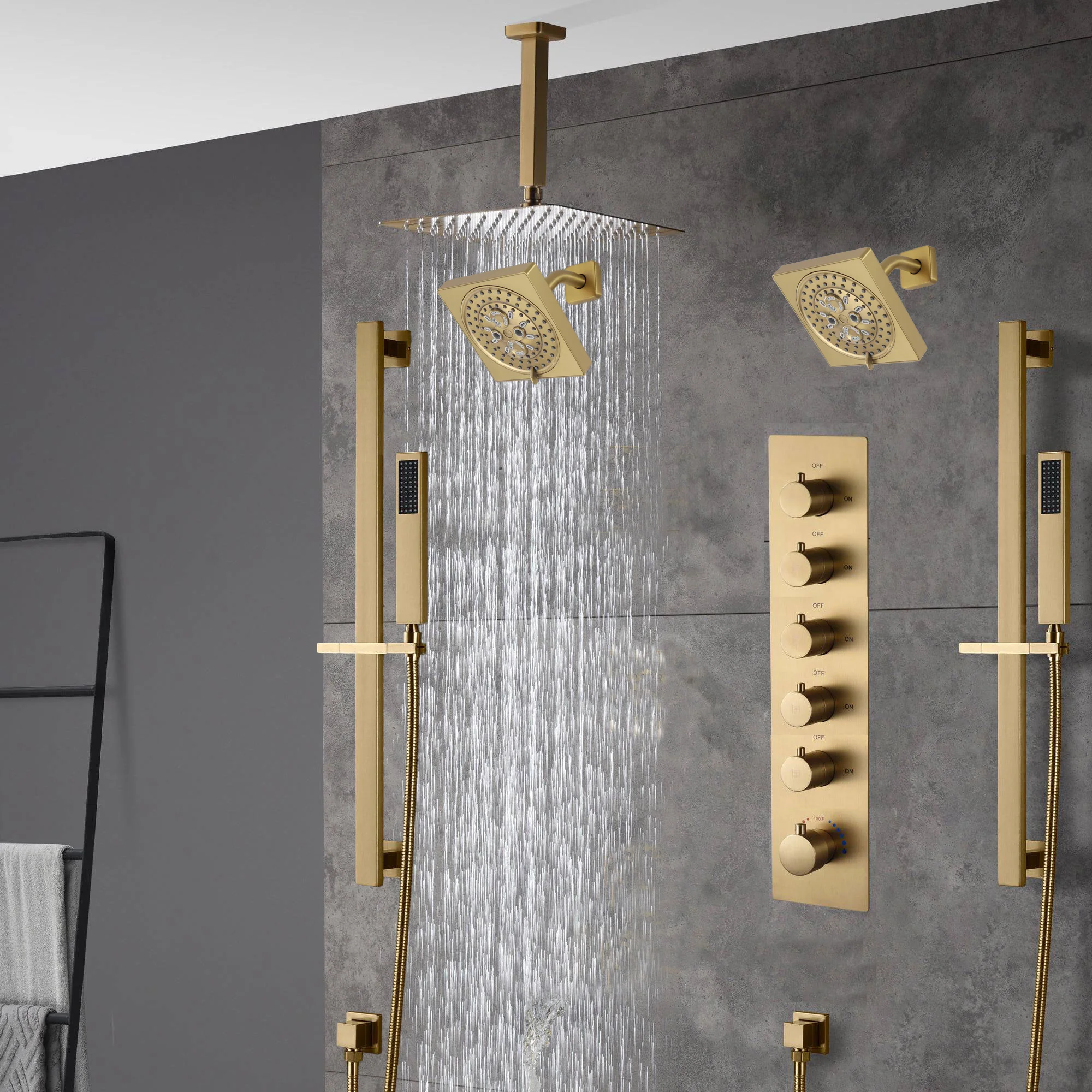 Brushed gold  12 inch or 16 inch rain head 5 way digital display thermostatic shower faucet with Dual Regular heads - Image 3