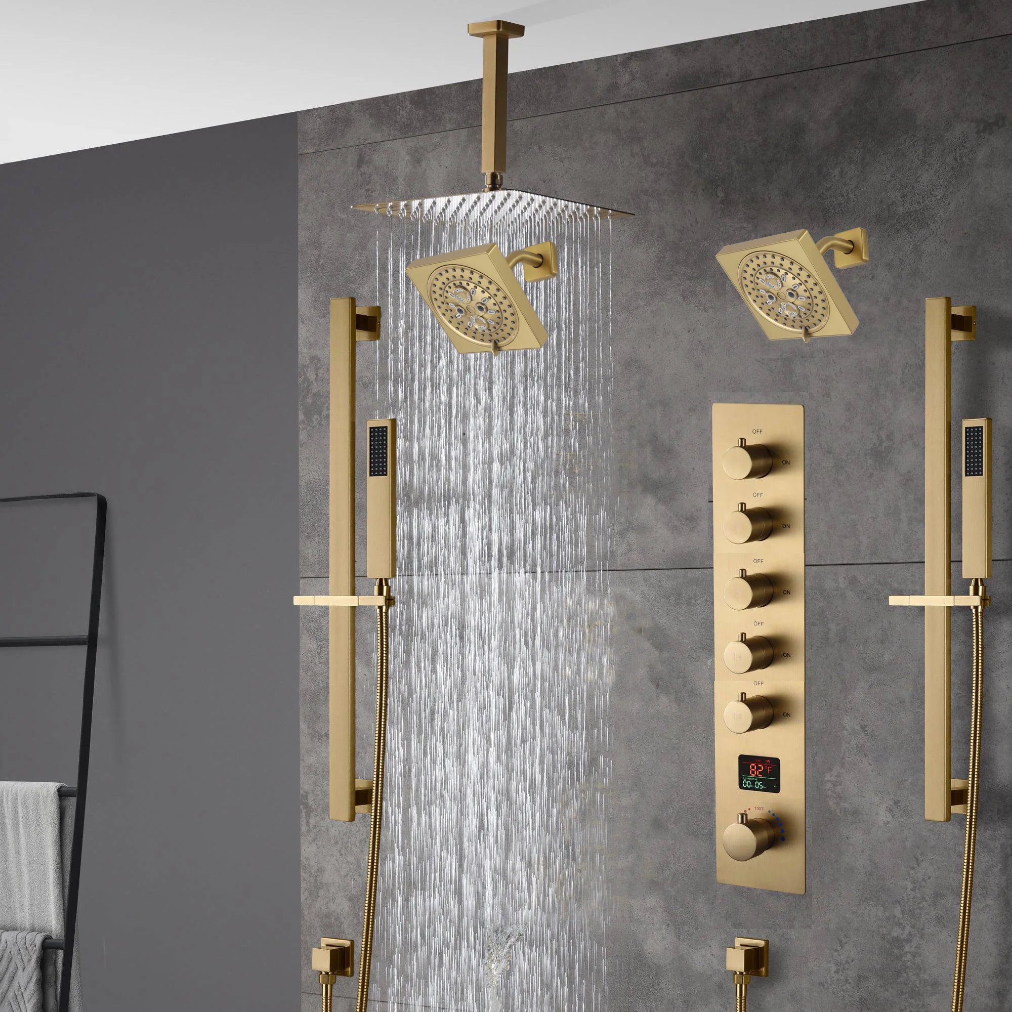 Brushed gold  12 inch or 16 inch rain head 5 way digital display thermostatic shower faucet with Dual Regular heads - Image 4