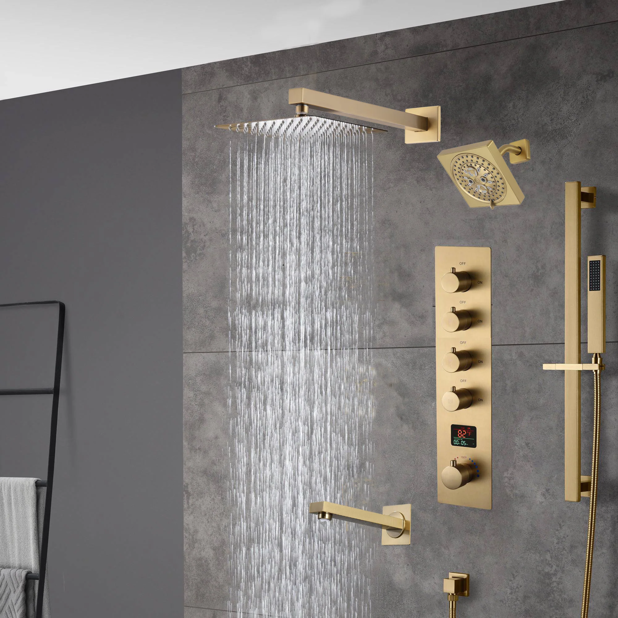 Brushed gold  12 inch or 16 inch rain head 4 way digital display thermostatic shower faucet with Regular head and Tub Spout - Image 2
