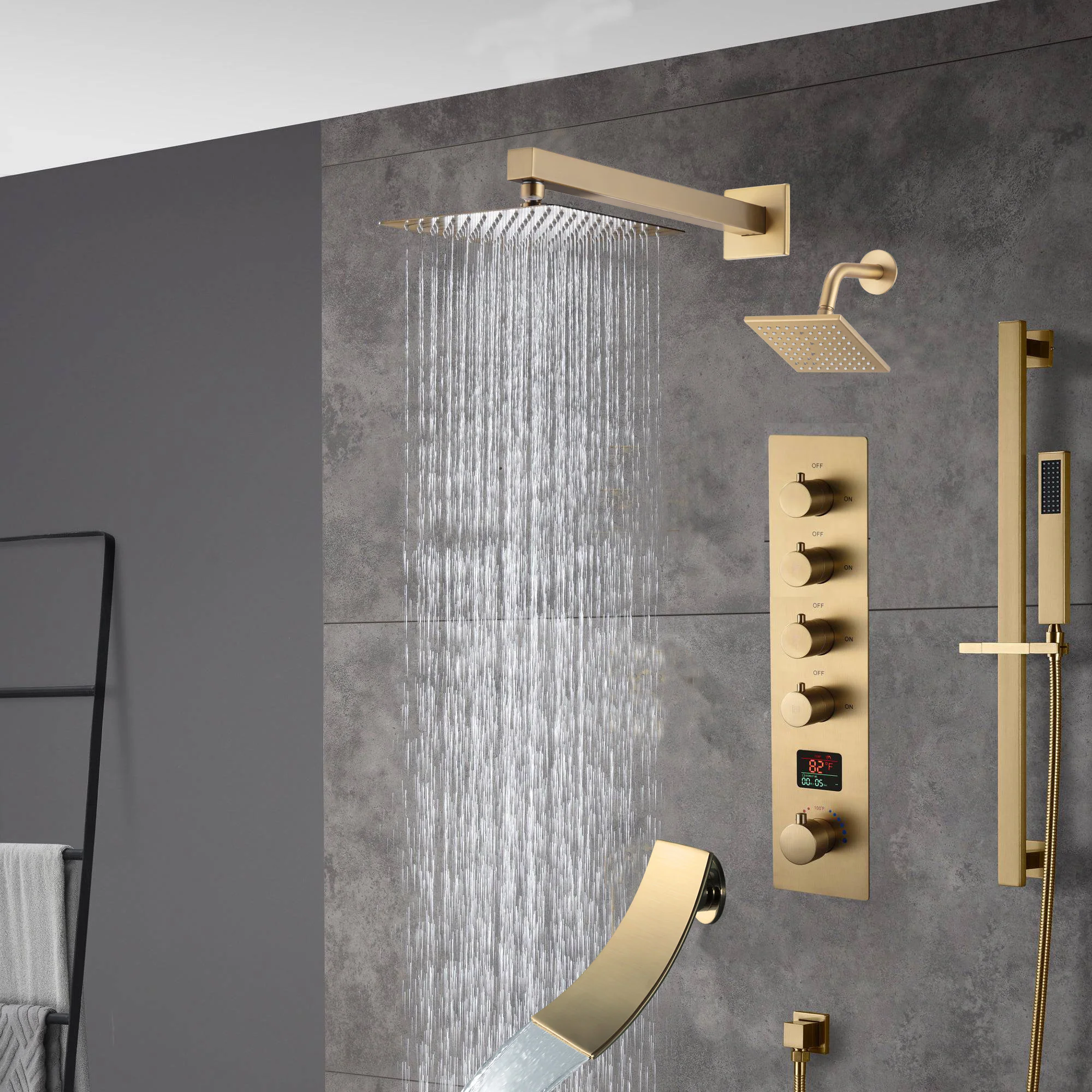 Brushed gold  12 inch or 16 inch rain head 4 way digital display thermostatic shower faucet with Regular head and Tub Spout - Image 3
