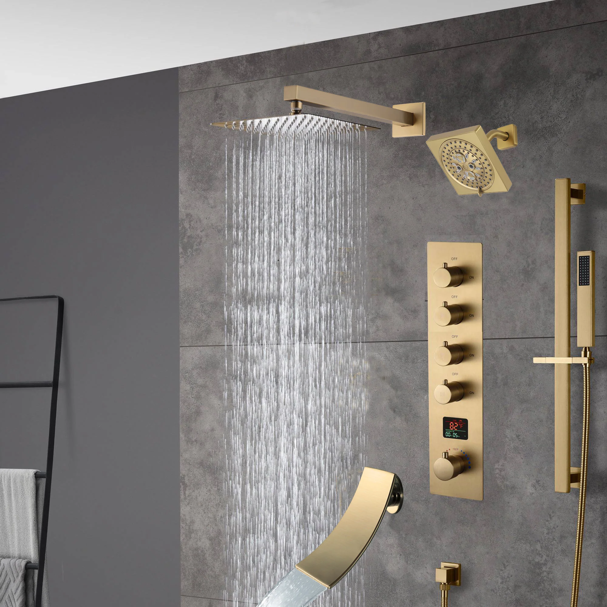 Brushed gold  12 inch or 16 inch rain head 4 way digital display thermostatic shower faucet with Regular head and Tub Spout - Image 4