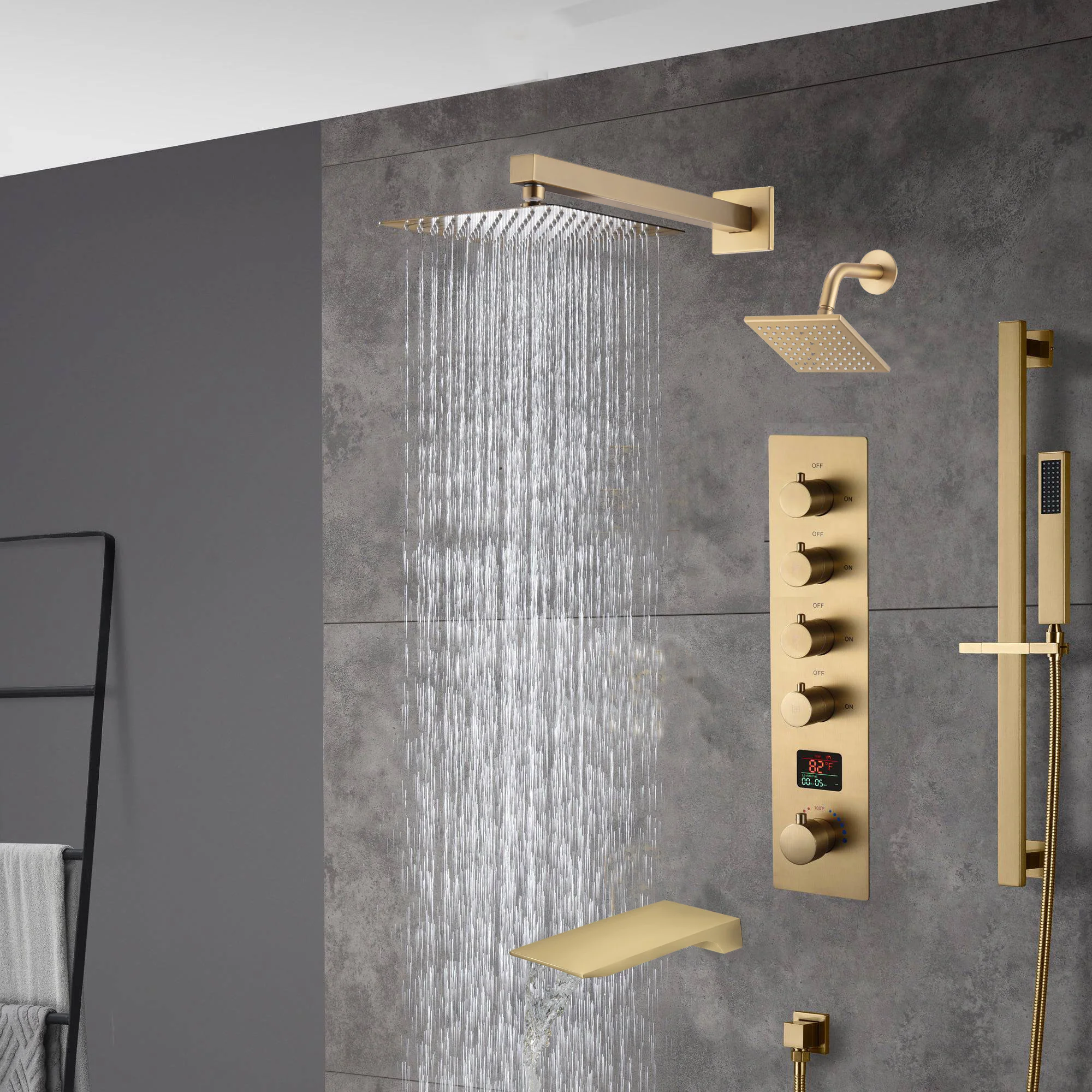 Brushed gold  12 inch or 16 inch rain head 4 way digital display thermostatic shower faucet with Regular head and Tub Spout - Image 5