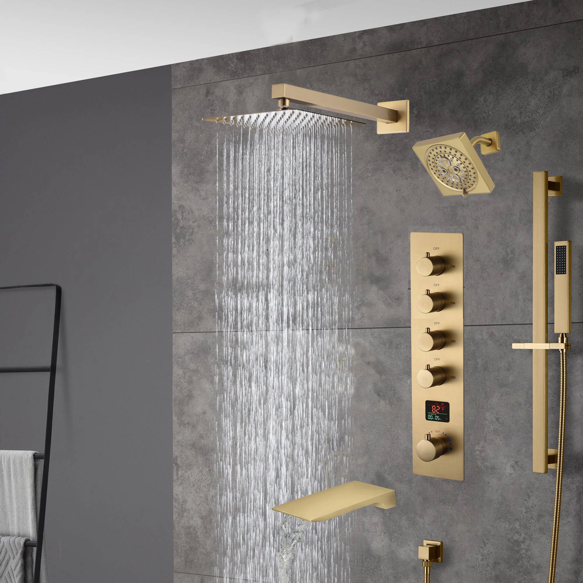 Brushed gold  12 inch or 16 inch rain head 4 way digital display thermostatic shower faucet with Regular head and Tub Spout - Image 6
