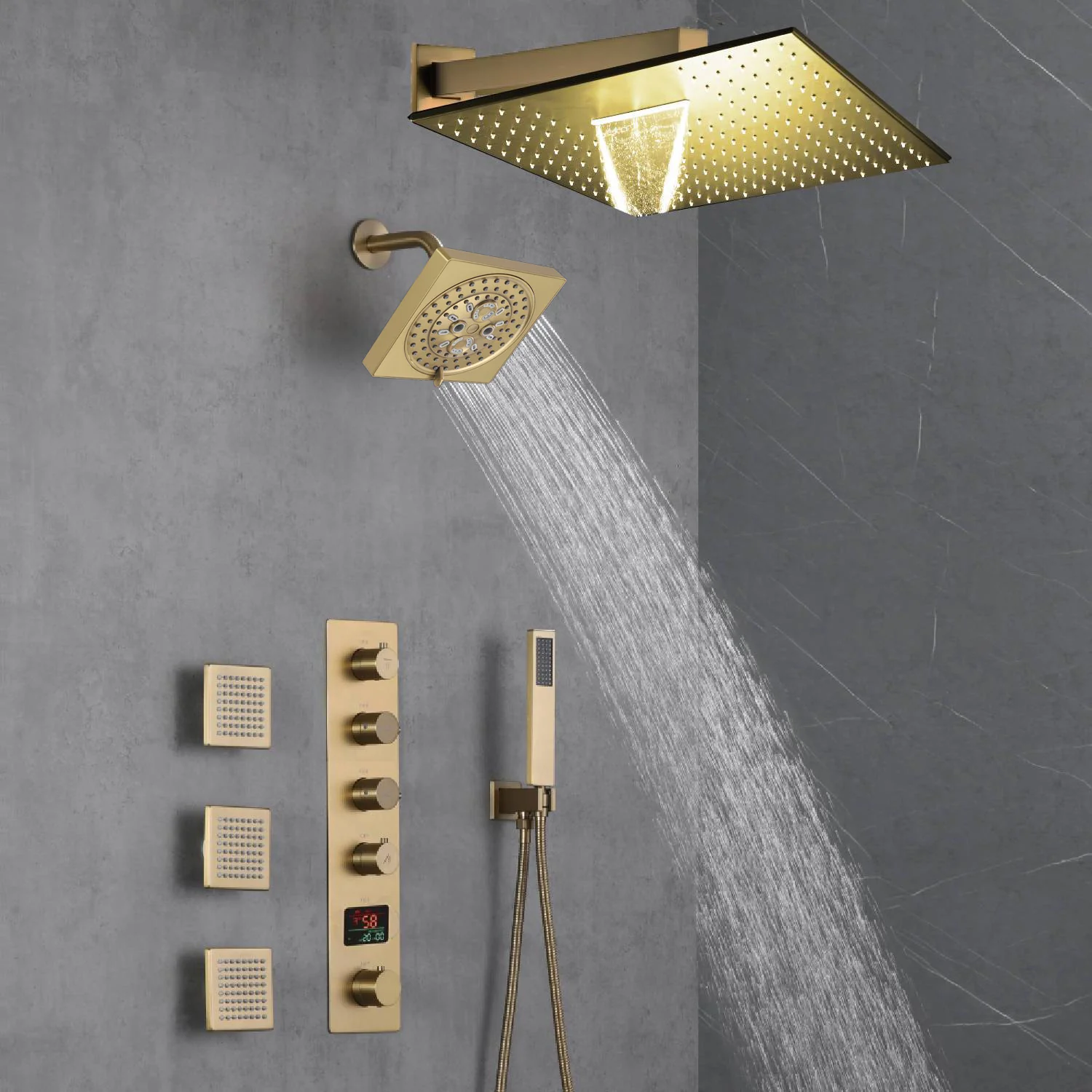 Brushed Gold 12-Inch or 16-Inch Rainfall Wall Mount Shower Head with 4-Way Thermostatic Faucet, Body Jets, and High-Pressure Wall Mount Head - Image 10