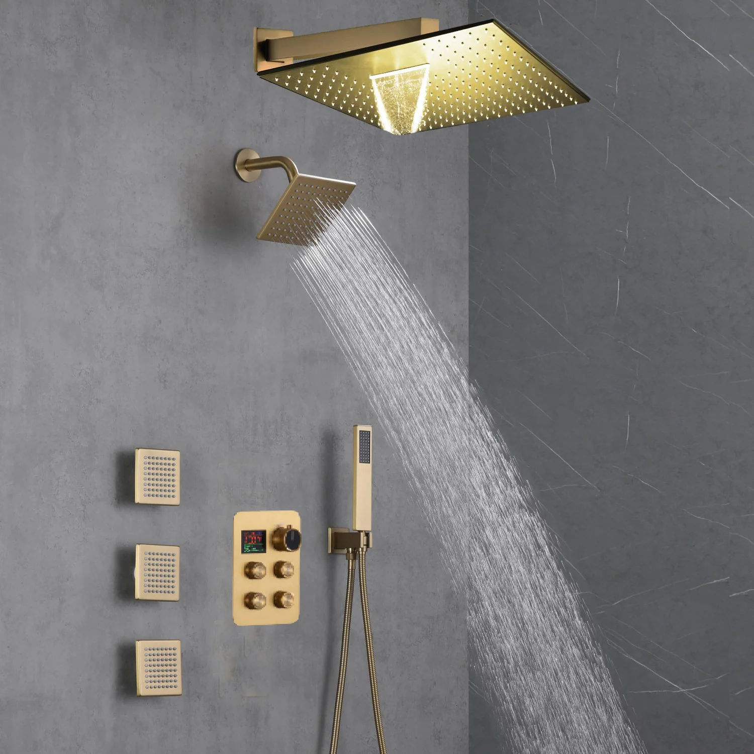 Brushed Gold 12-Inch or 16-Inch Rainfall Wall Mount Shower Head with 4-Way Thermostatic Faucet, Body Jets, and High-Pressure Wall Mount Head - Image 12