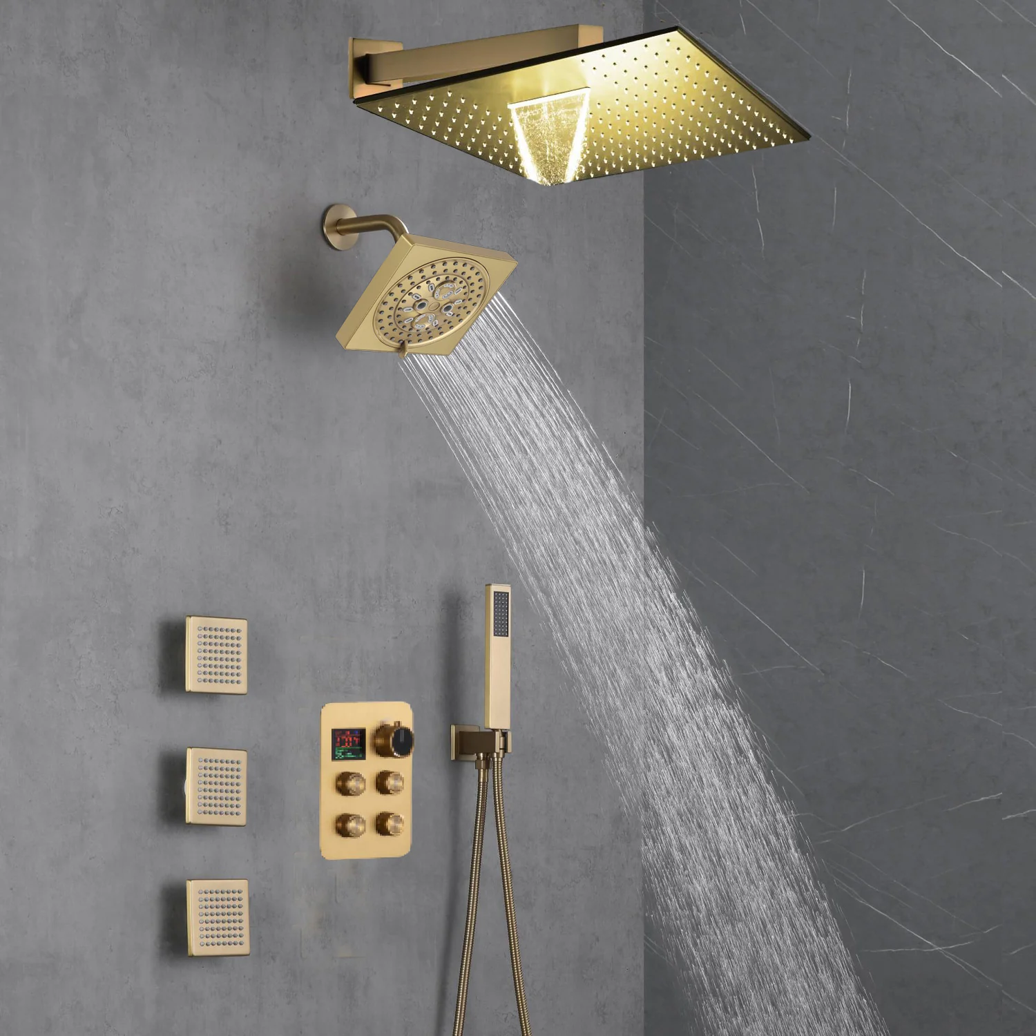 Brushed Gold 12-Inch or 16-Inch Rainfall Wall Mount Shower Head with 4-Way Thermostatic Faucet, Body Jets, and High-Pressure Wall Mount Head - Image 13