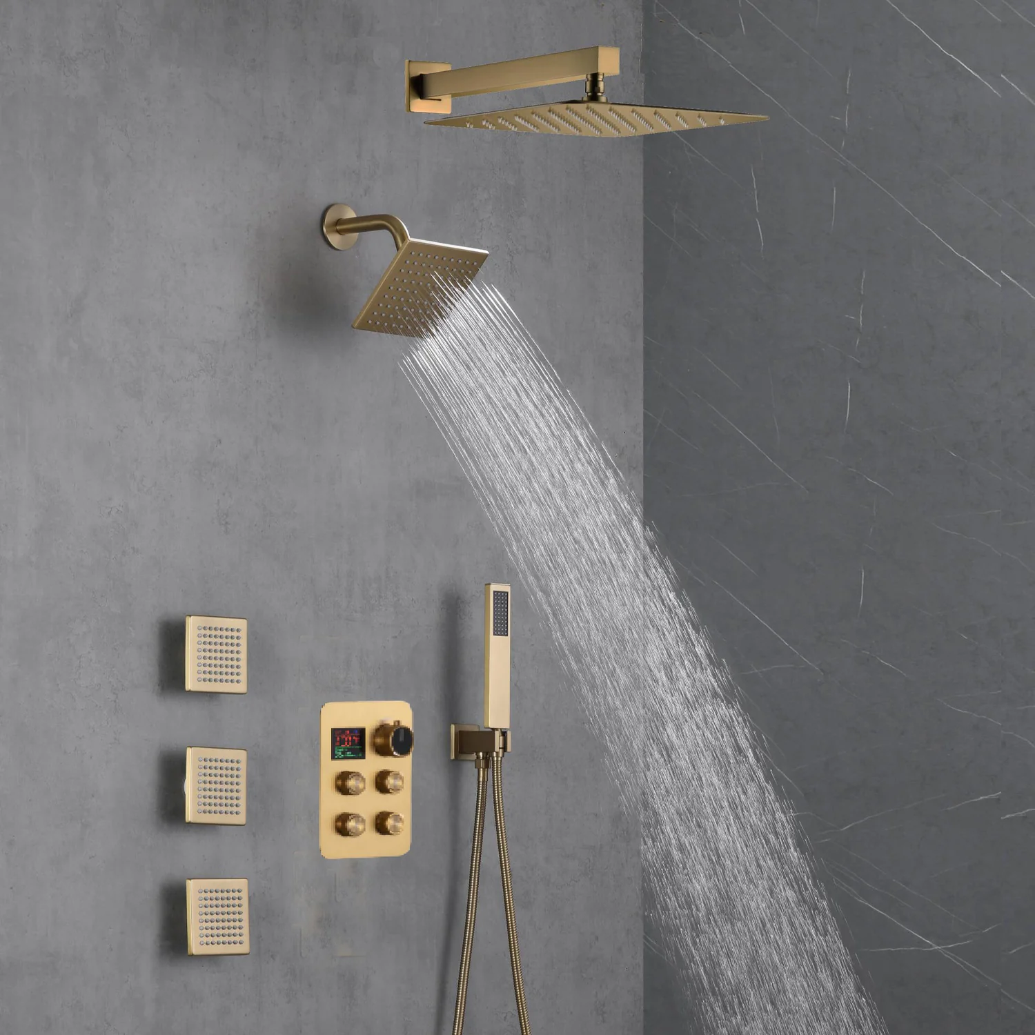 Brushed Gold 12-Inch or 16-Inch Rainfall Wall Mount Shower Head with 4-Way Thermostatic Faucet, Body Jets, and High-Pressure Wall Mount Head - Image 14