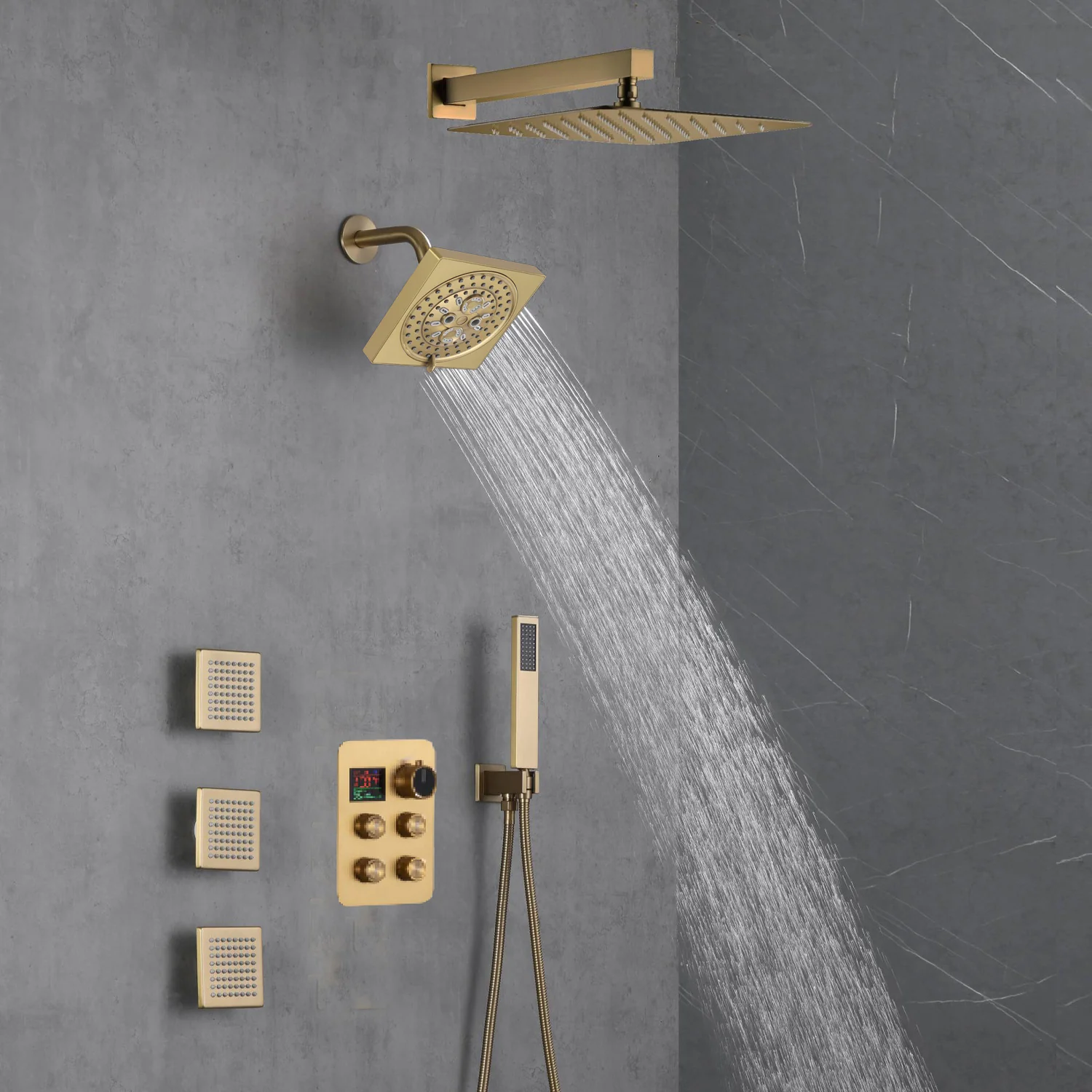 Brushed Gold 12-Inch or 16-Inch Rainfall Wall Mount Shower Head with 4-Way Thermostatic Faucet, Body Jets, and High-Pressure Wall Mount Head - Image 15