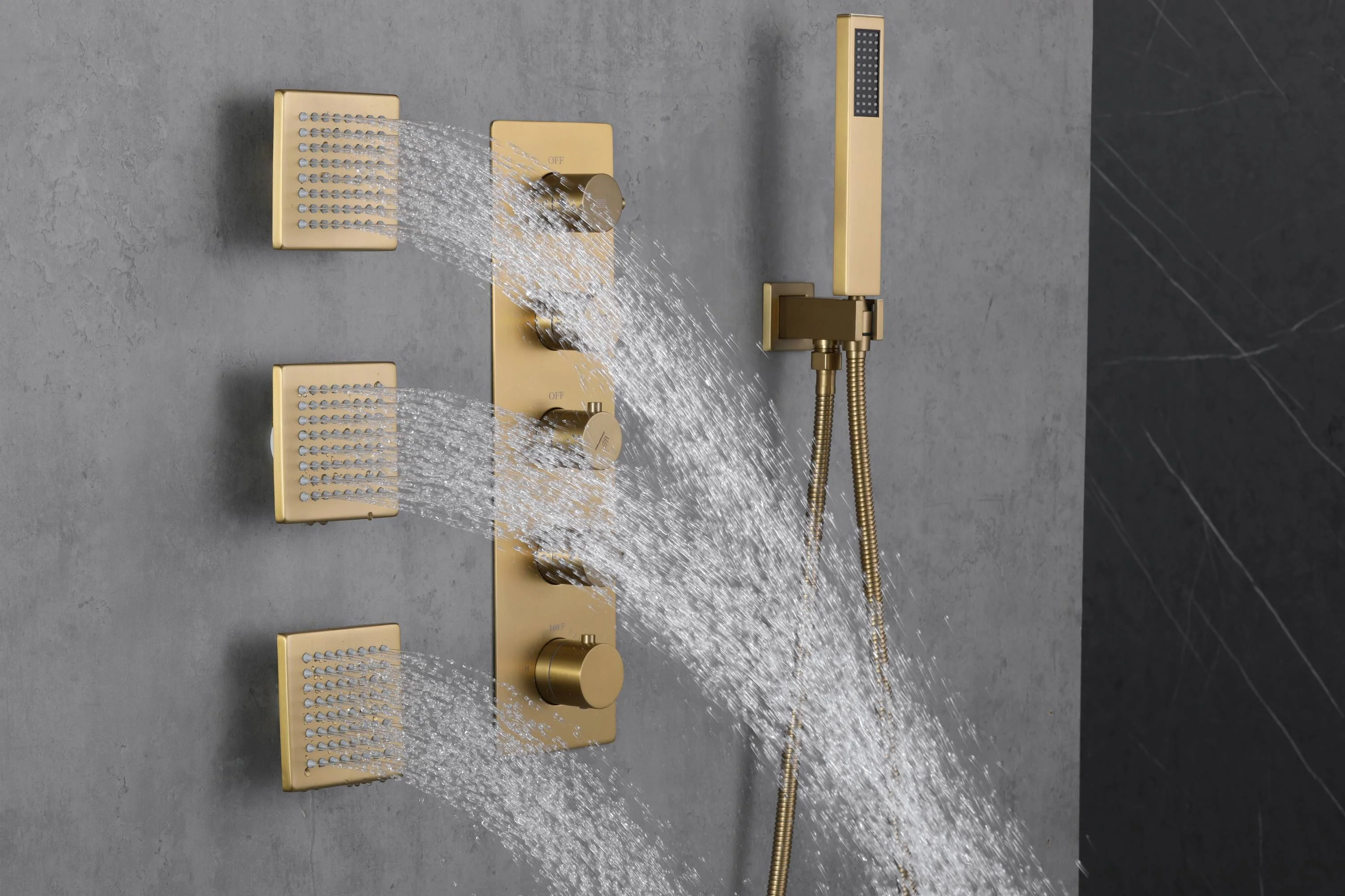 Brushed Gold 12-Inch or 16-Inch Rainfall Wall Mount Shower Head with 4-Way Thermostatic Faucet, Body Jets, and High-Pressure Wall Mount Head - Image 17