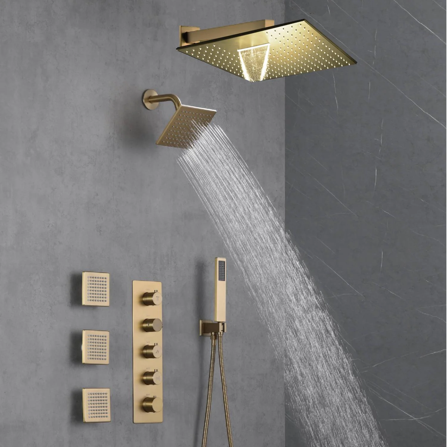 Brushed Gold 12-Inch or 16-Inch Rainfall Wall Mount Shower Head with 4-Way Thermostatic Faucet, Body Jets, and High-Pressure Wall Mount Head - Image 2