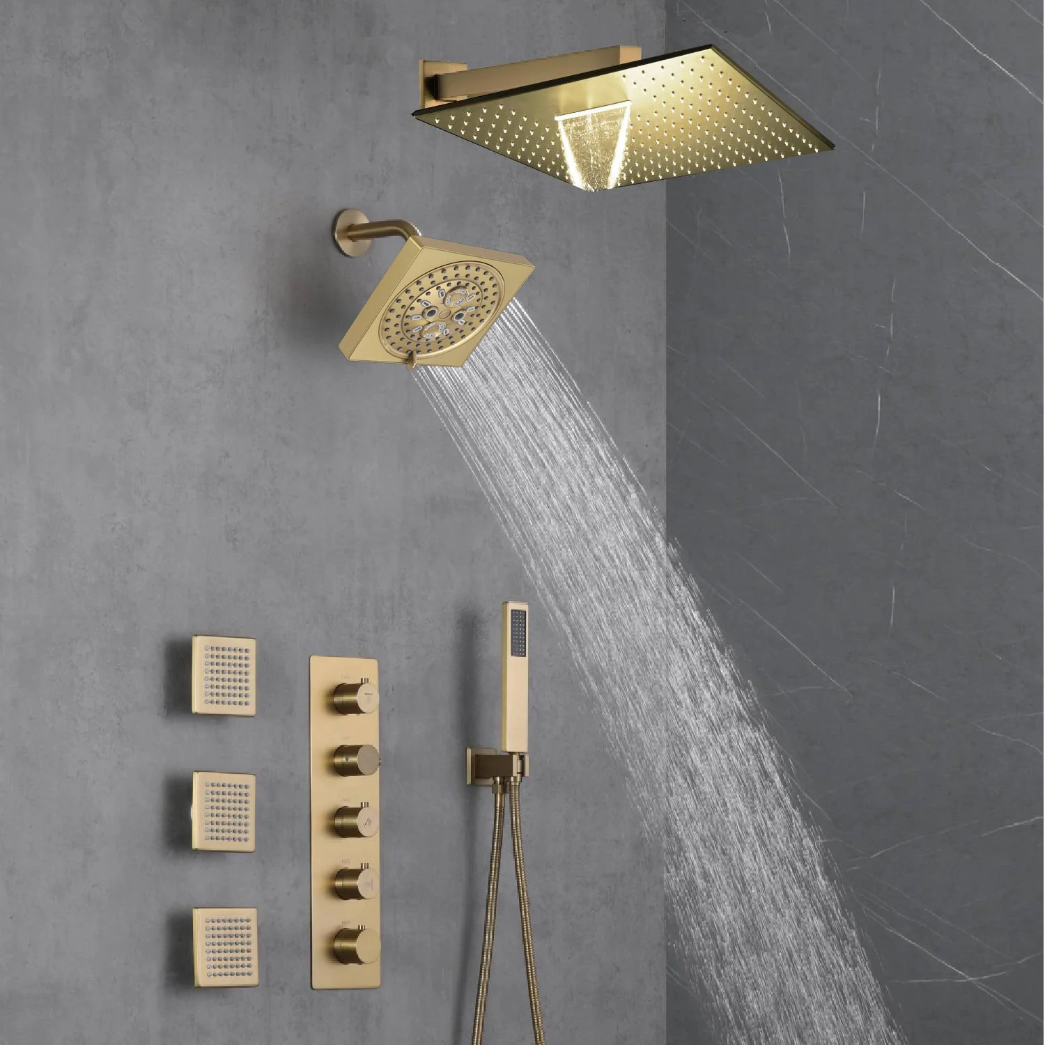 Brushed Gold 12-Inch or 16-Inch Rainfall Wall Mount Shower Head with 4-Way Thermostatic Faucet, Body Jets, and High-Pressure Wall Mount Head - Image 3