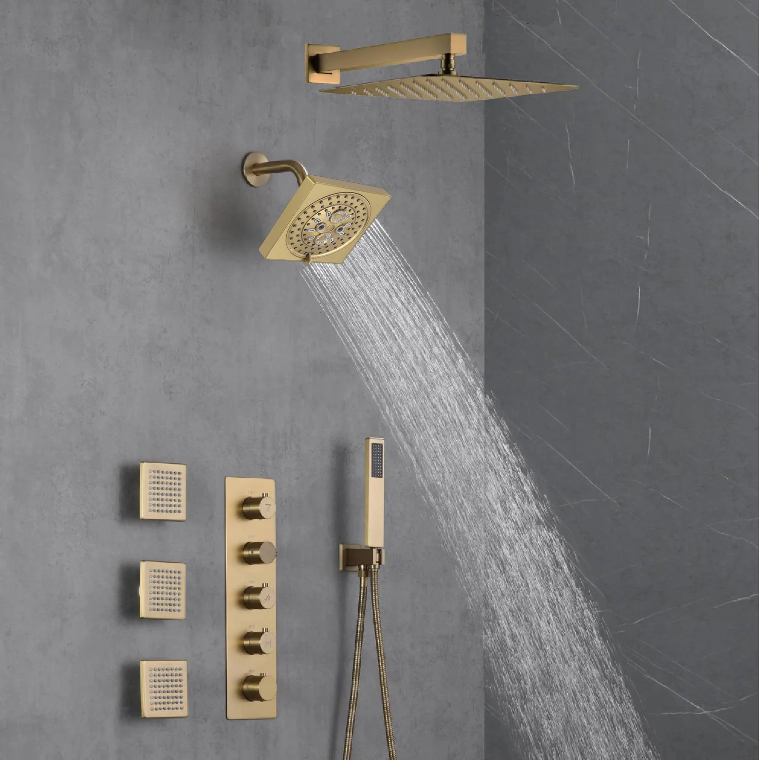 Brushed Gold 12-Inch or 16-Inch Rainfall Wall Mount Shower Head with 4-Way Thermostatic Faucet, Body Jets, and High-Pressure Wall Mount Head - Image 4