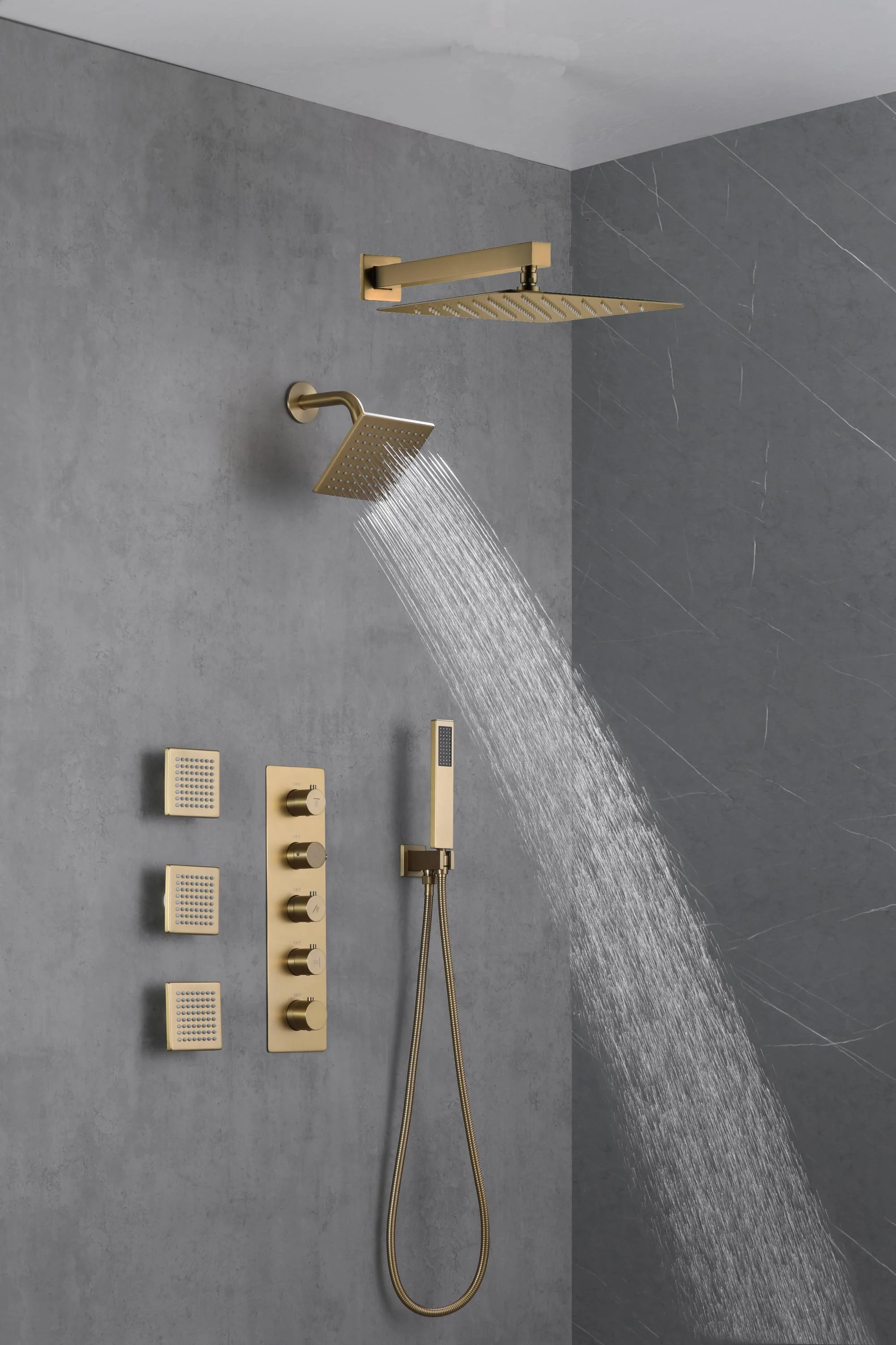 Brushed Gold 12-Inch or 16-Inch Rainfall Wall Mount Shower Head with 4-Way Thermostatic Faucet, Body Jets, and High-Pressure Wall Mount Head - Image 5