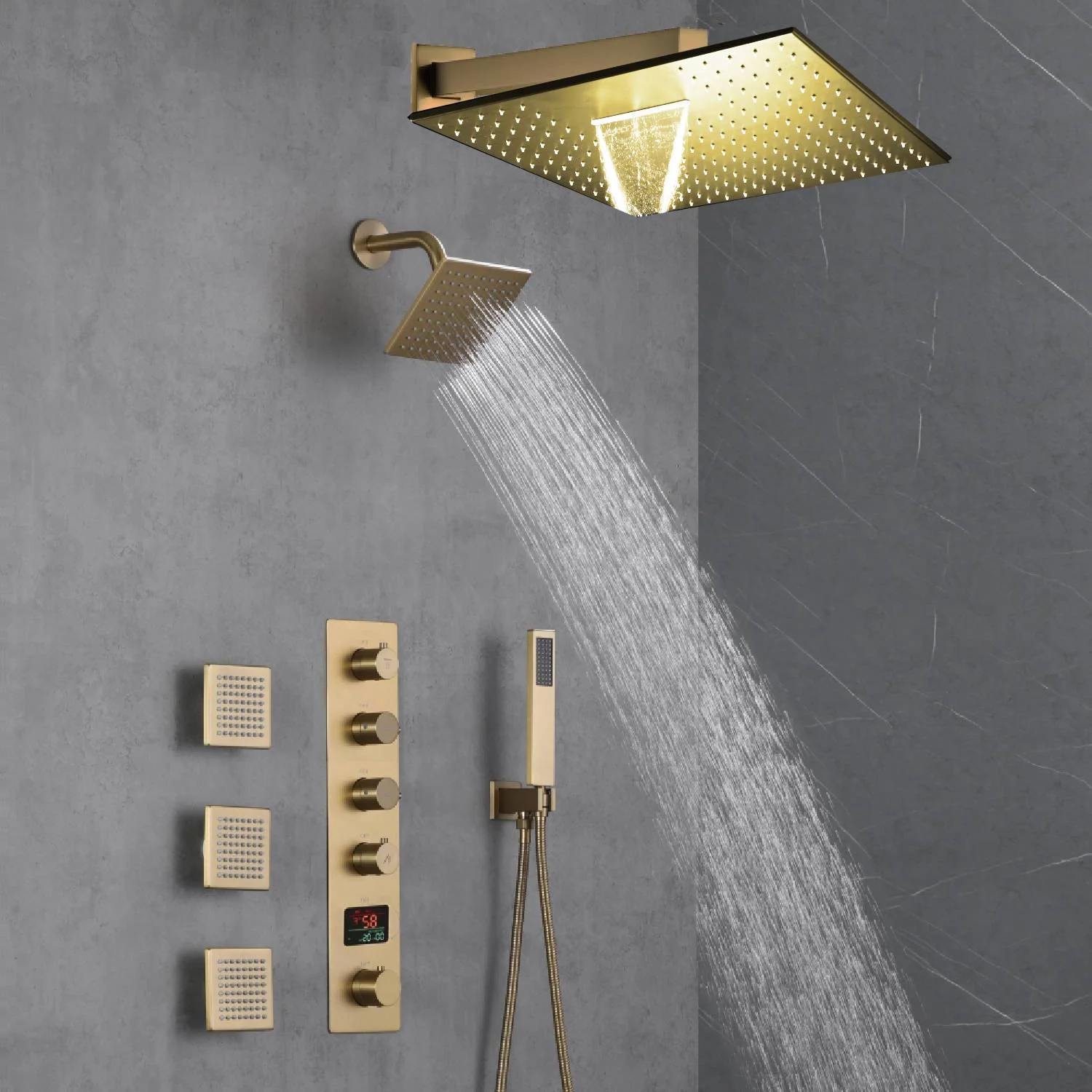 Brushed Gold 12-Inch or 16-Inch Rainfall Wall Mount Shower Head with 4-Way Thermostatic Faucet, Body Jets, and High-Pressure Wall Mount Head - Image 6