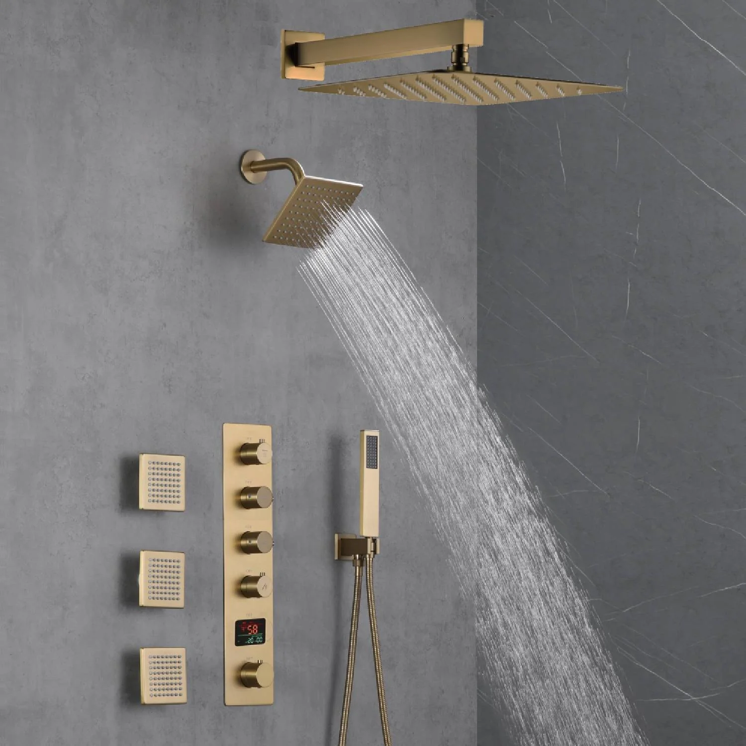 Brushed Gold 12-Inch or 16-Inch Rainfall Wall Mount Shower Head with 4-Way Thermostatic Faucet, Body Jets, and High-Pressure Wall Mount Head - Image 7