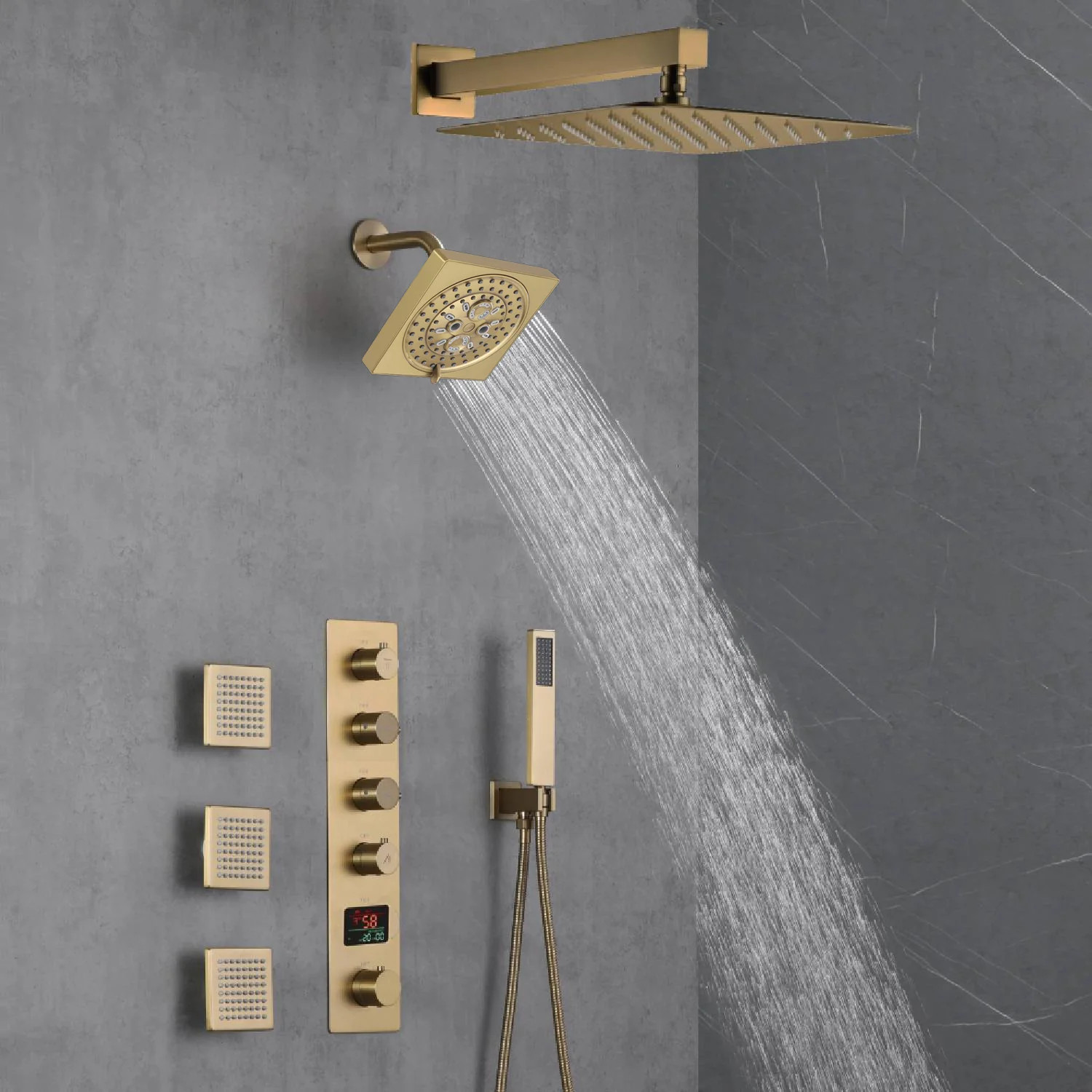 Brushed Gold 12-Inch or 16-Inch Rainfall Wall Mount Shower Head with 4-Way Thermostatic Faucet, Body Jets, and High-Pressure Wall Mount Head - Image 8