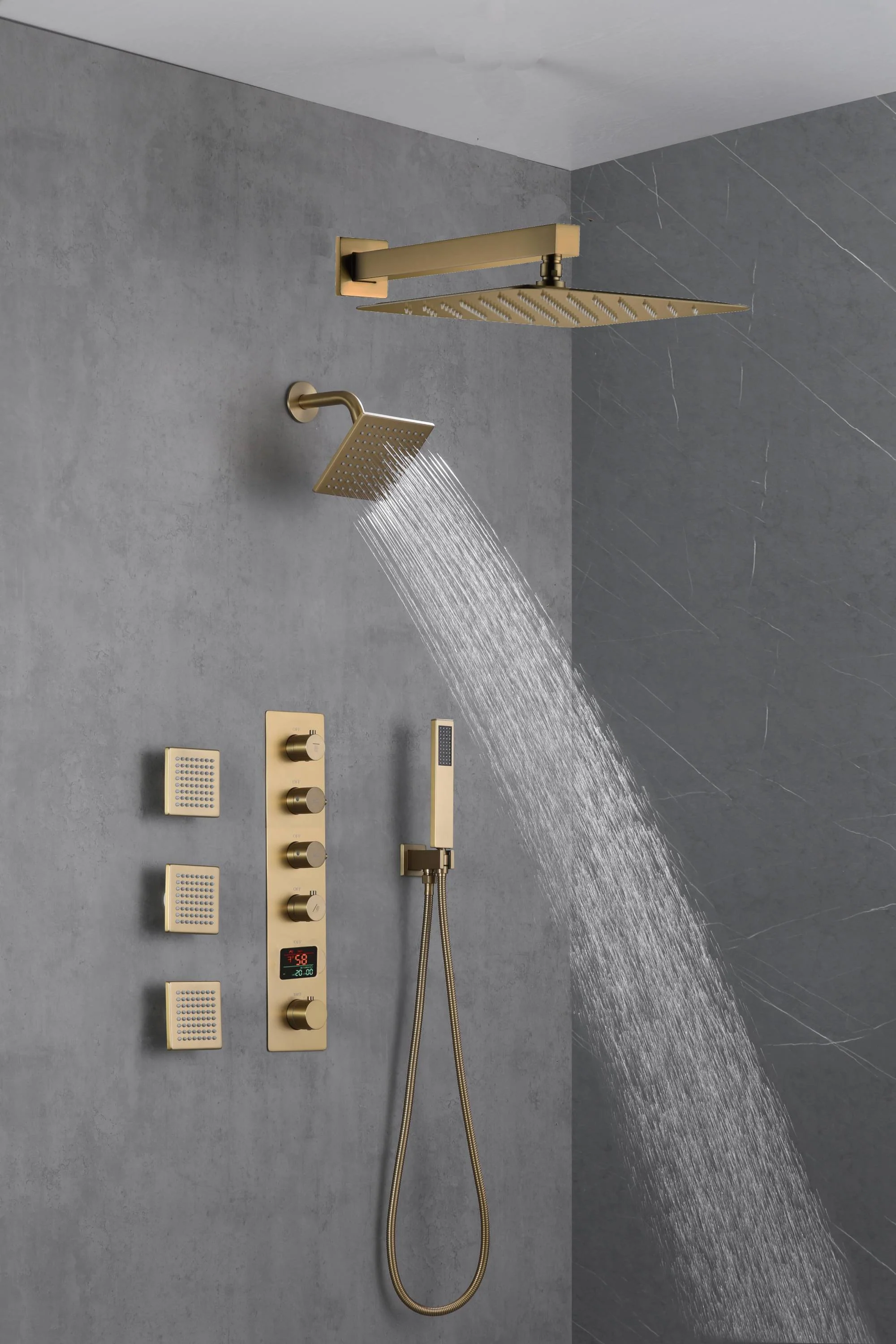 Brushed Gold 12-Inch or 16-Inch Rainfall Wall Mount Shower Head with 4-Way Thermostatic Faucet, Body Jets, and High-Pressure Wall Mount Head - Image 9